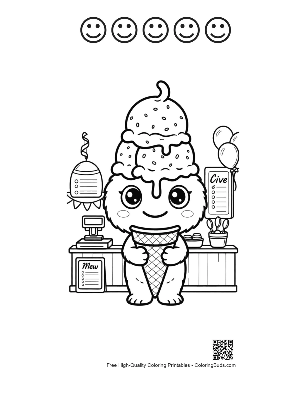 Alien baker waffle cone with 5 happy faces outline