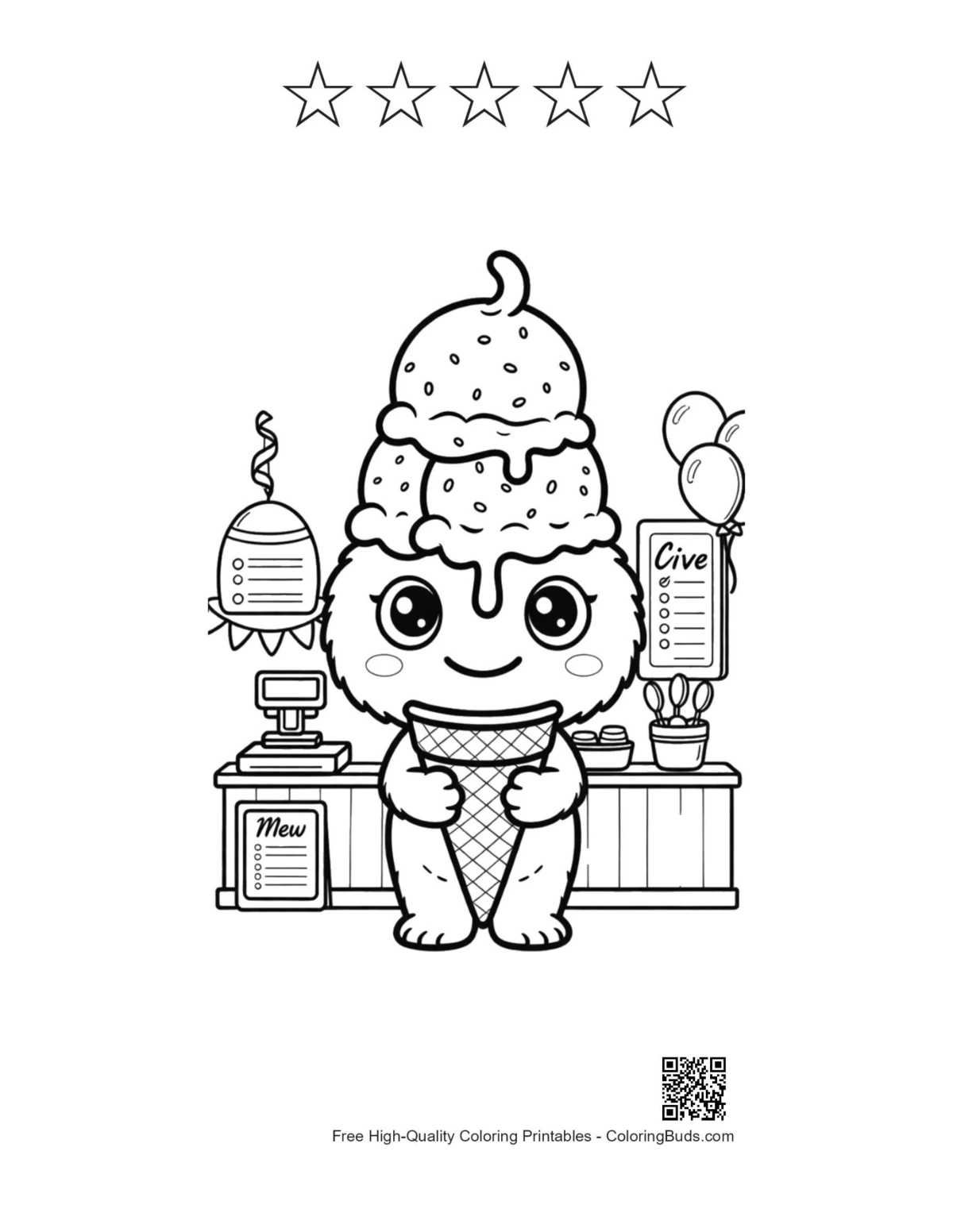 Printable alien baker cone with 5 stars outline