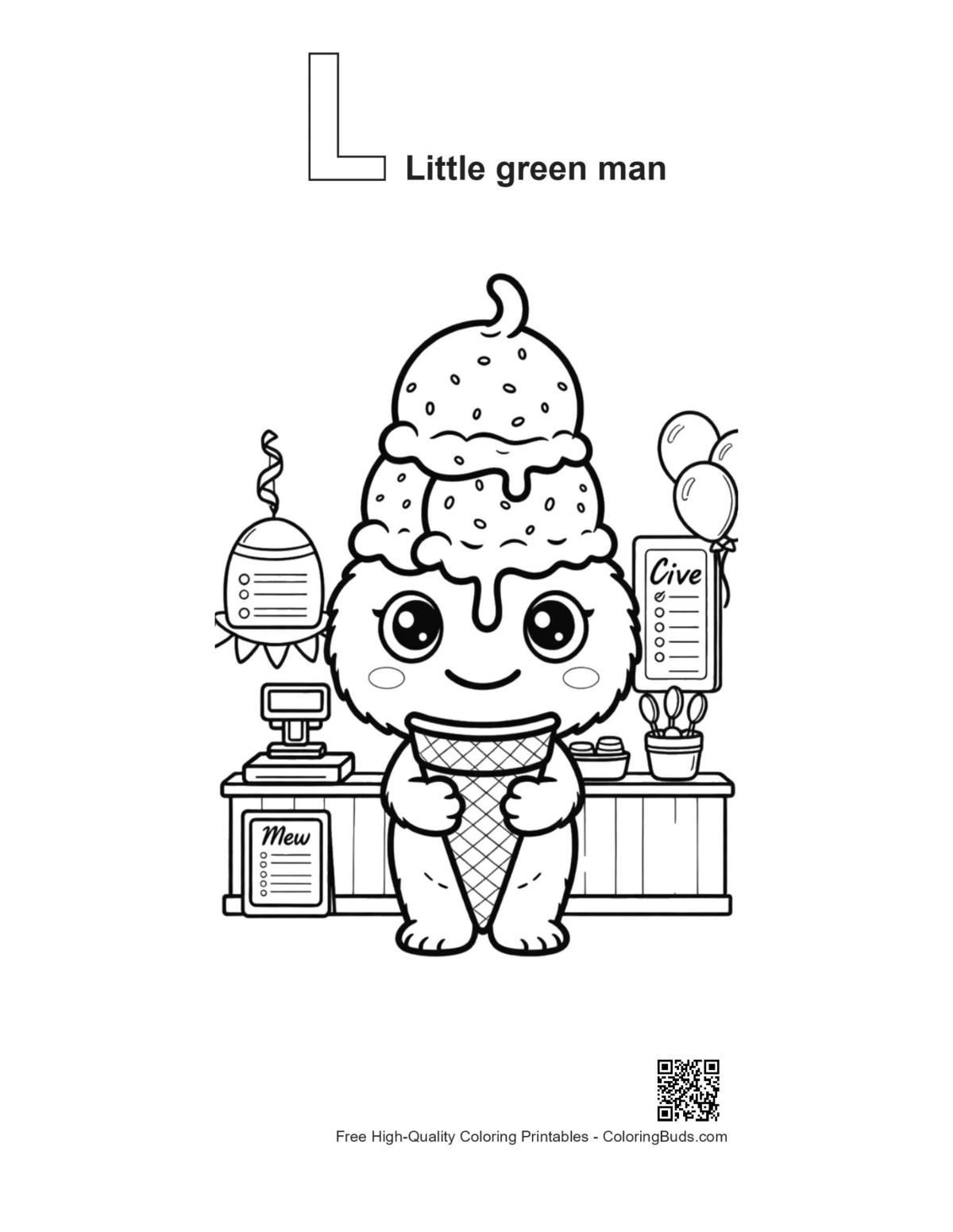 Alien baker waffle cone alphabet L outline printable