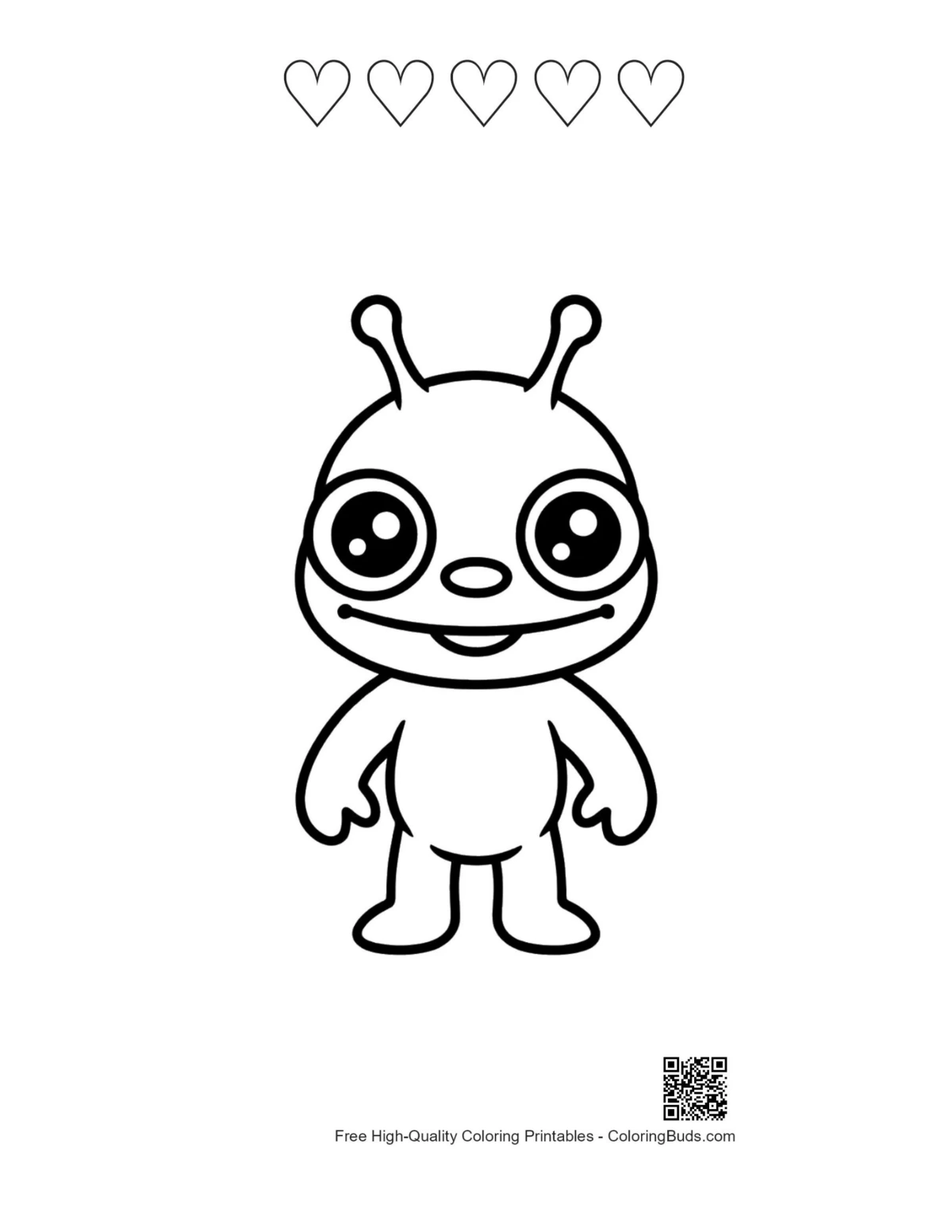 Smiling alien printable with heart outlines