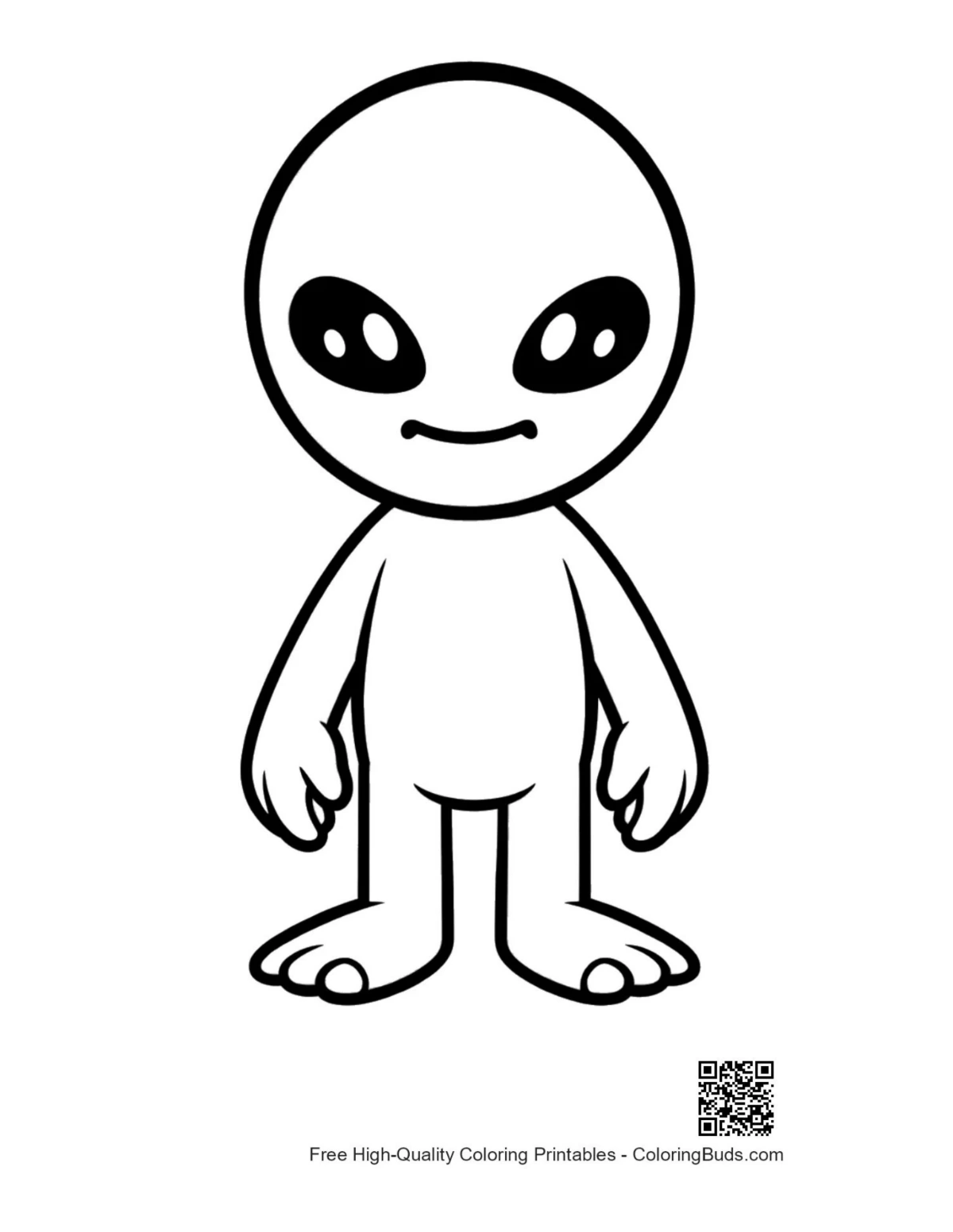 Cute little green alien standing smiling coloring page