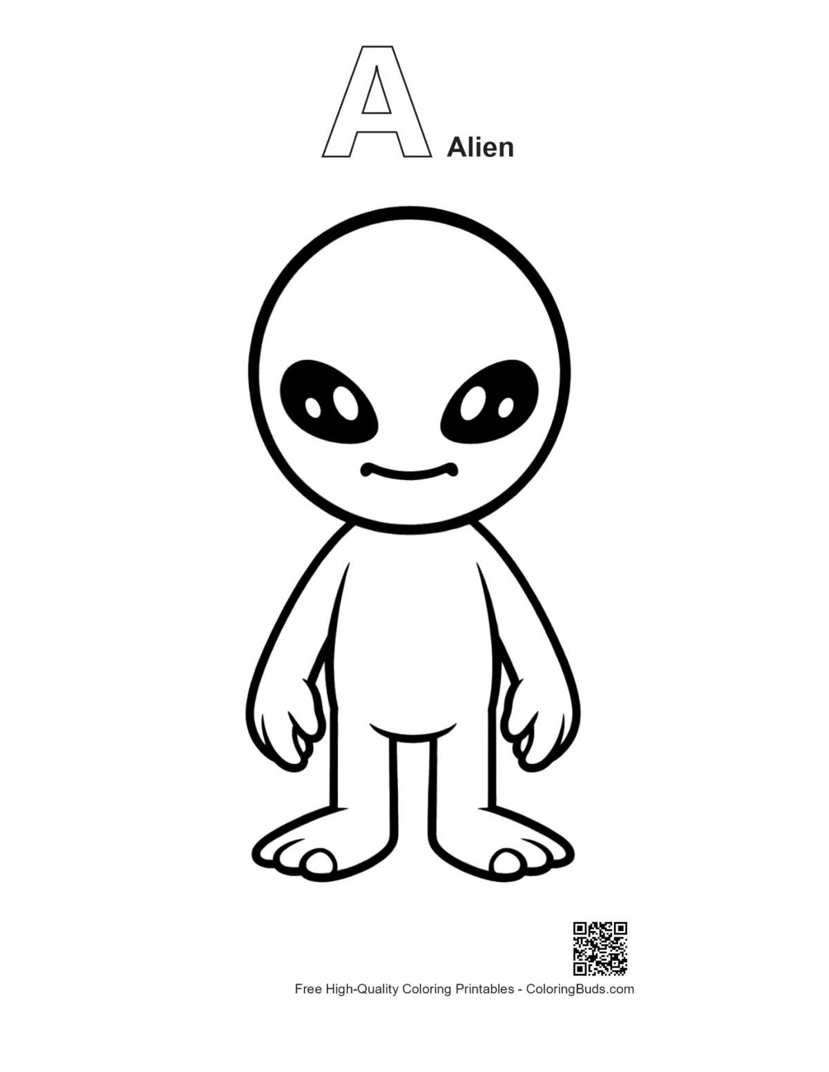 Green alien alphabet A coloring outline printable