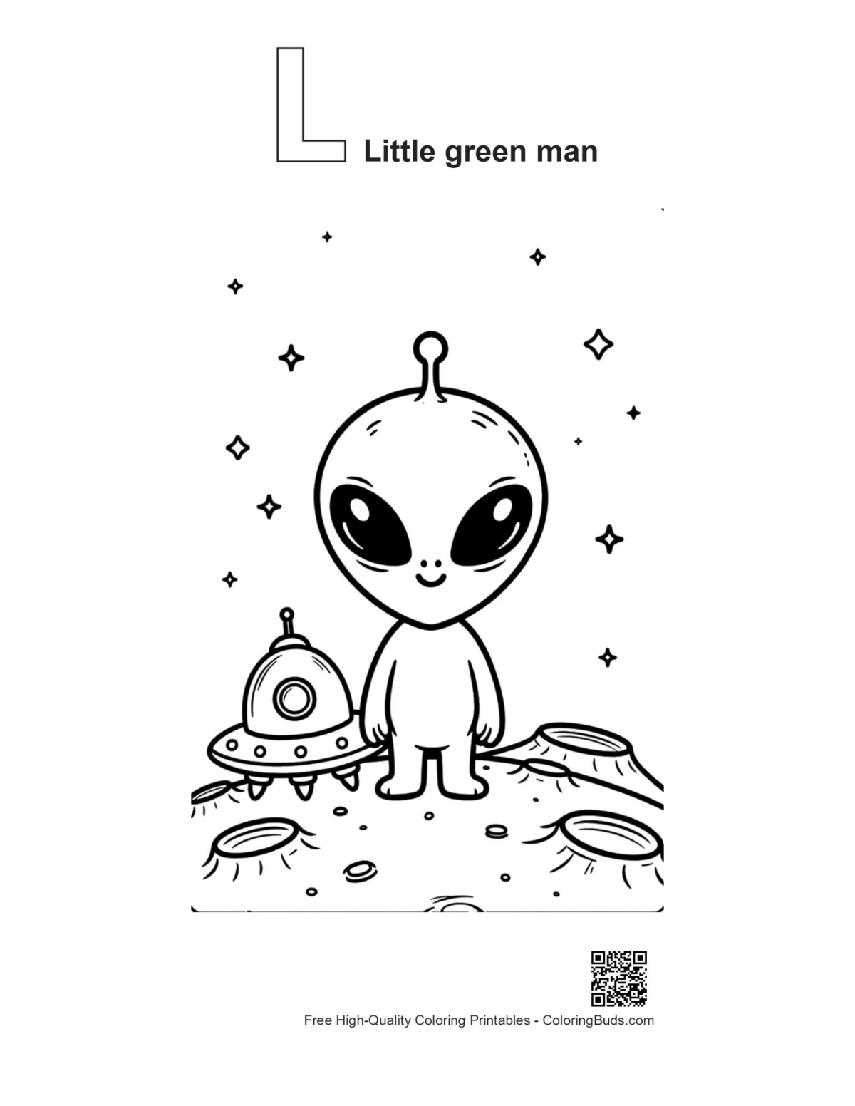 Alphabet L little green man outline printable
