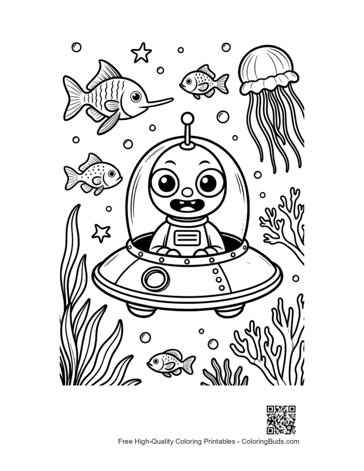 Deep sea alien mission printable coloring page