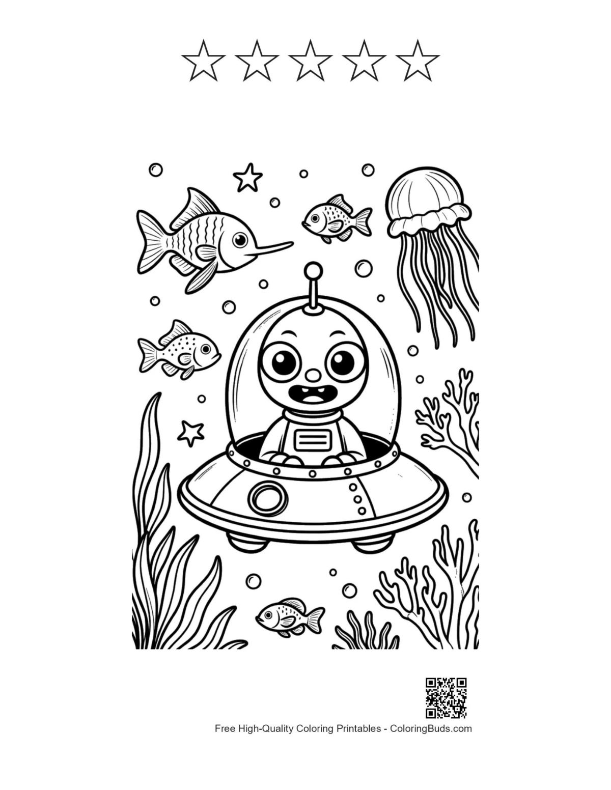 Deep sea alien coloring with 5 star outlines