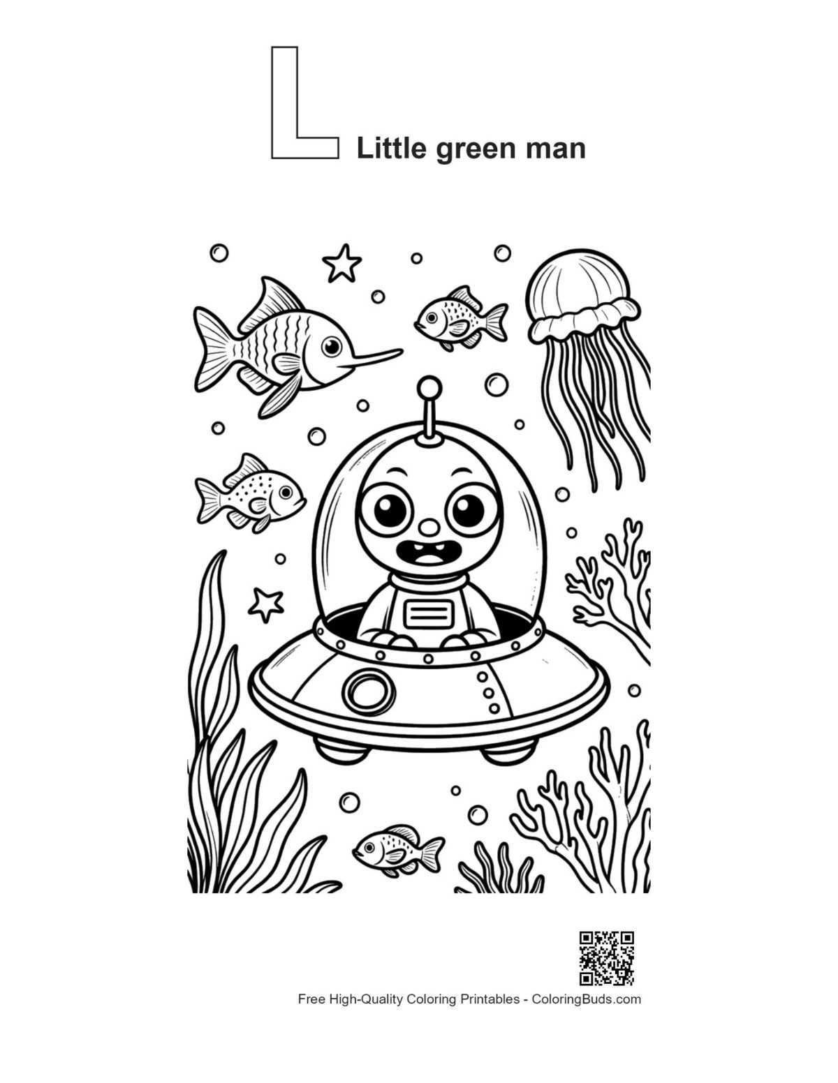 Little Green Man alphabet L outline printable