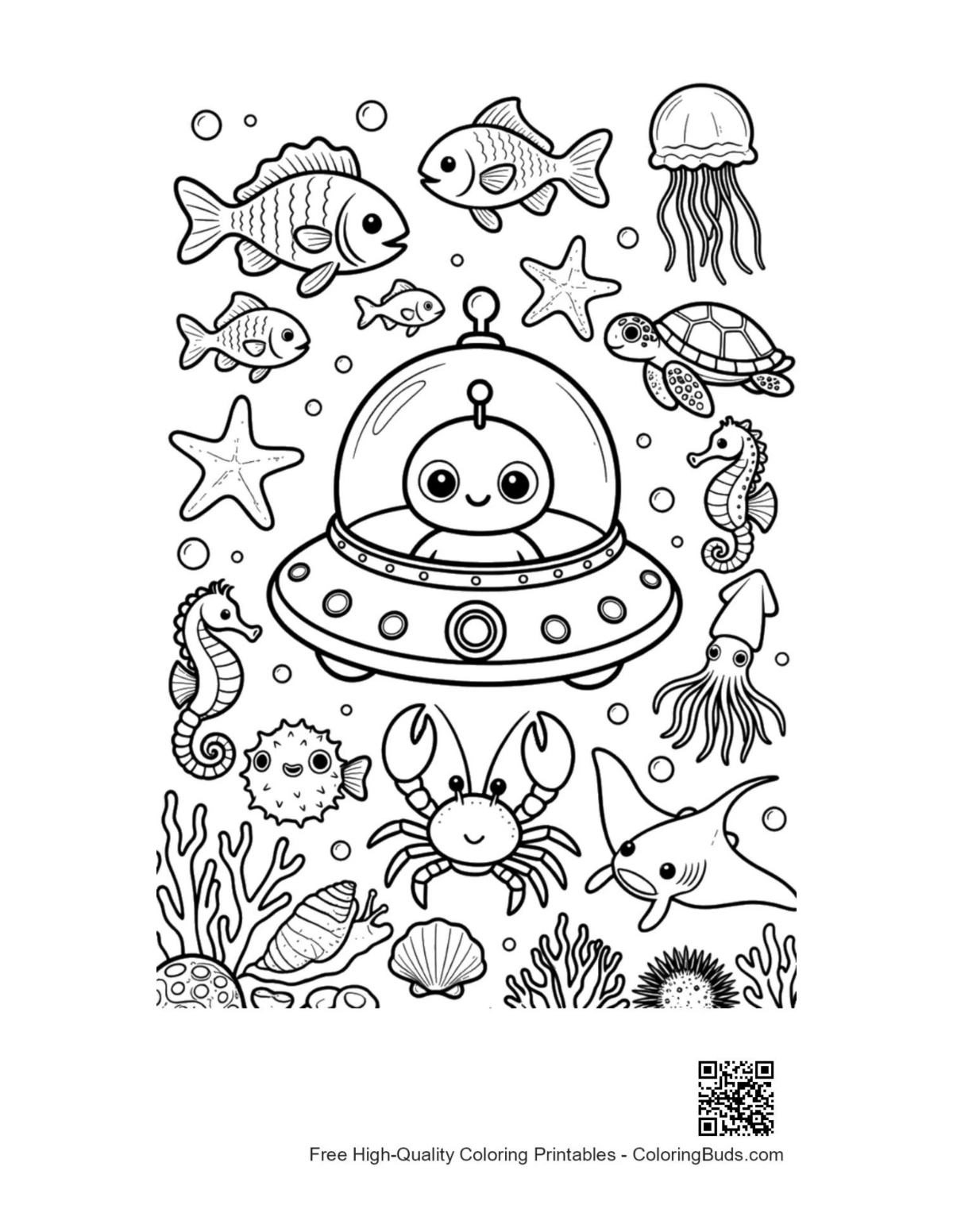 Little green alien swimming with fish coloring printable