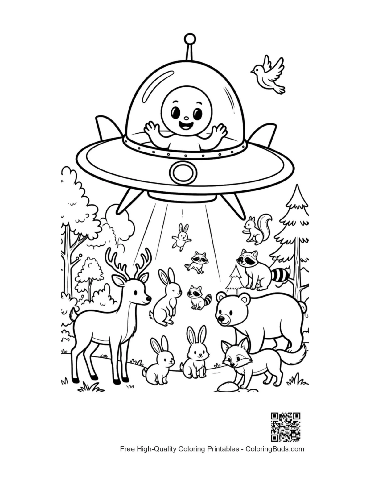 Sci-fi alien adventure woods printable coloring page