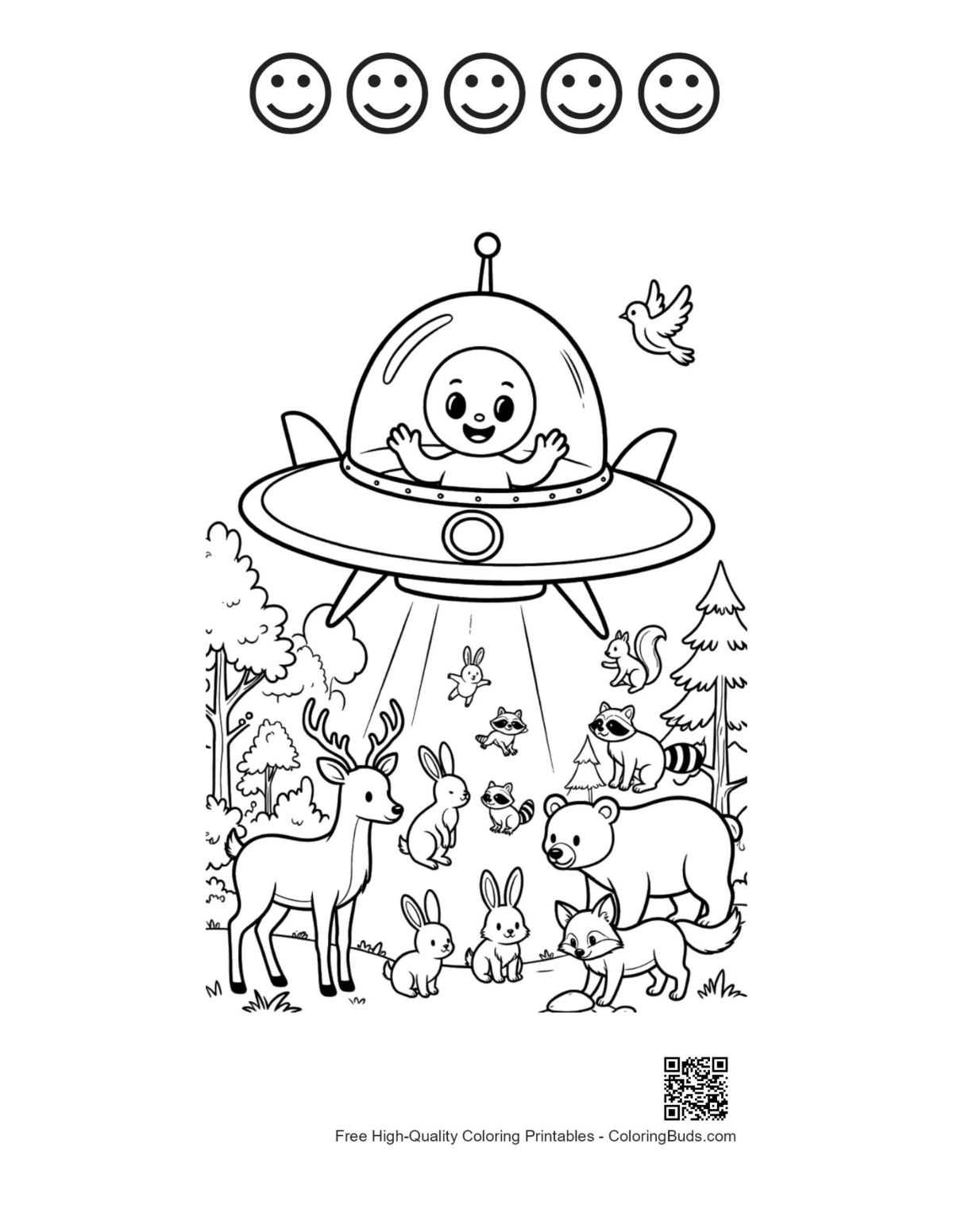 Sci-fi alien woods printable with 5 happy faces