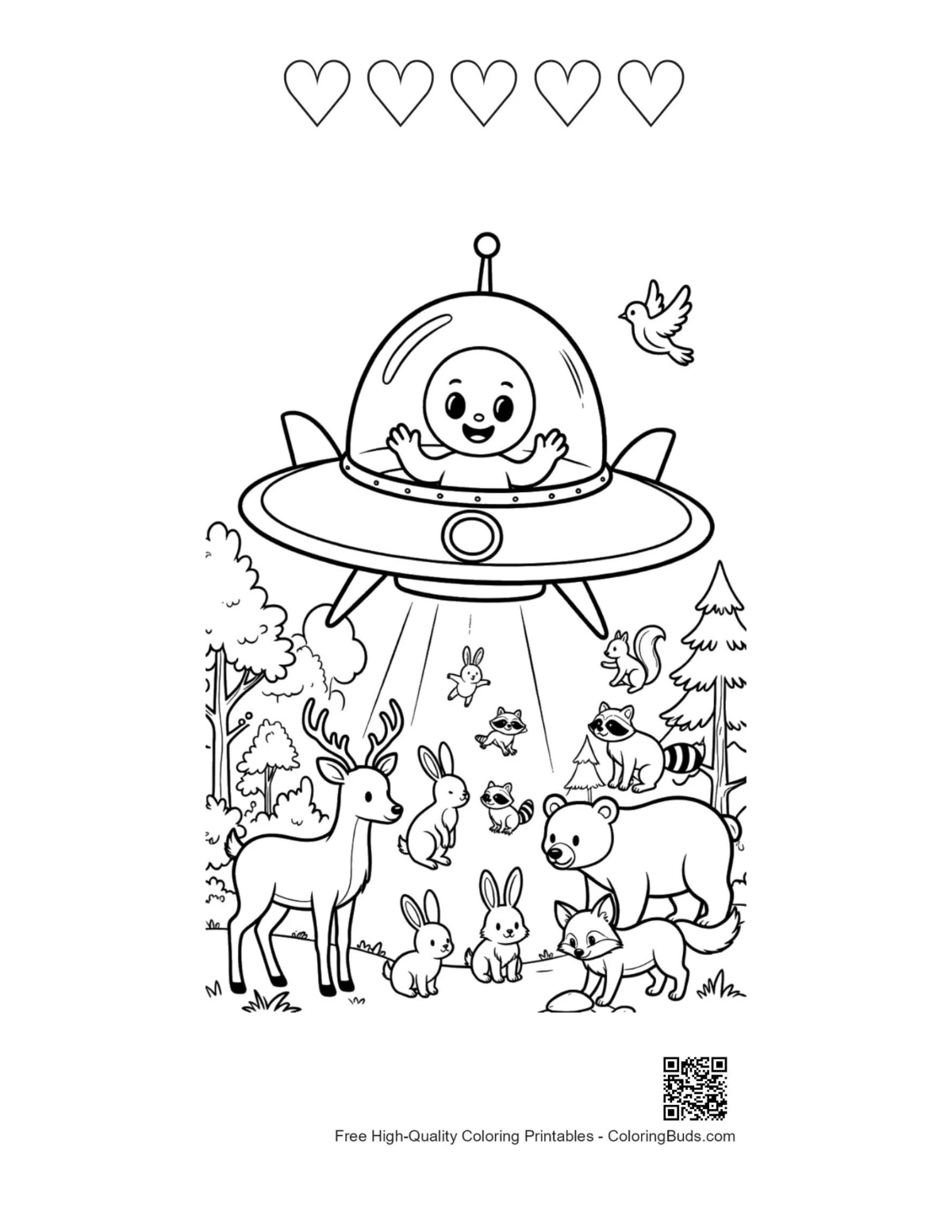 Sci-fi alien woods printable with 5 heart outlines