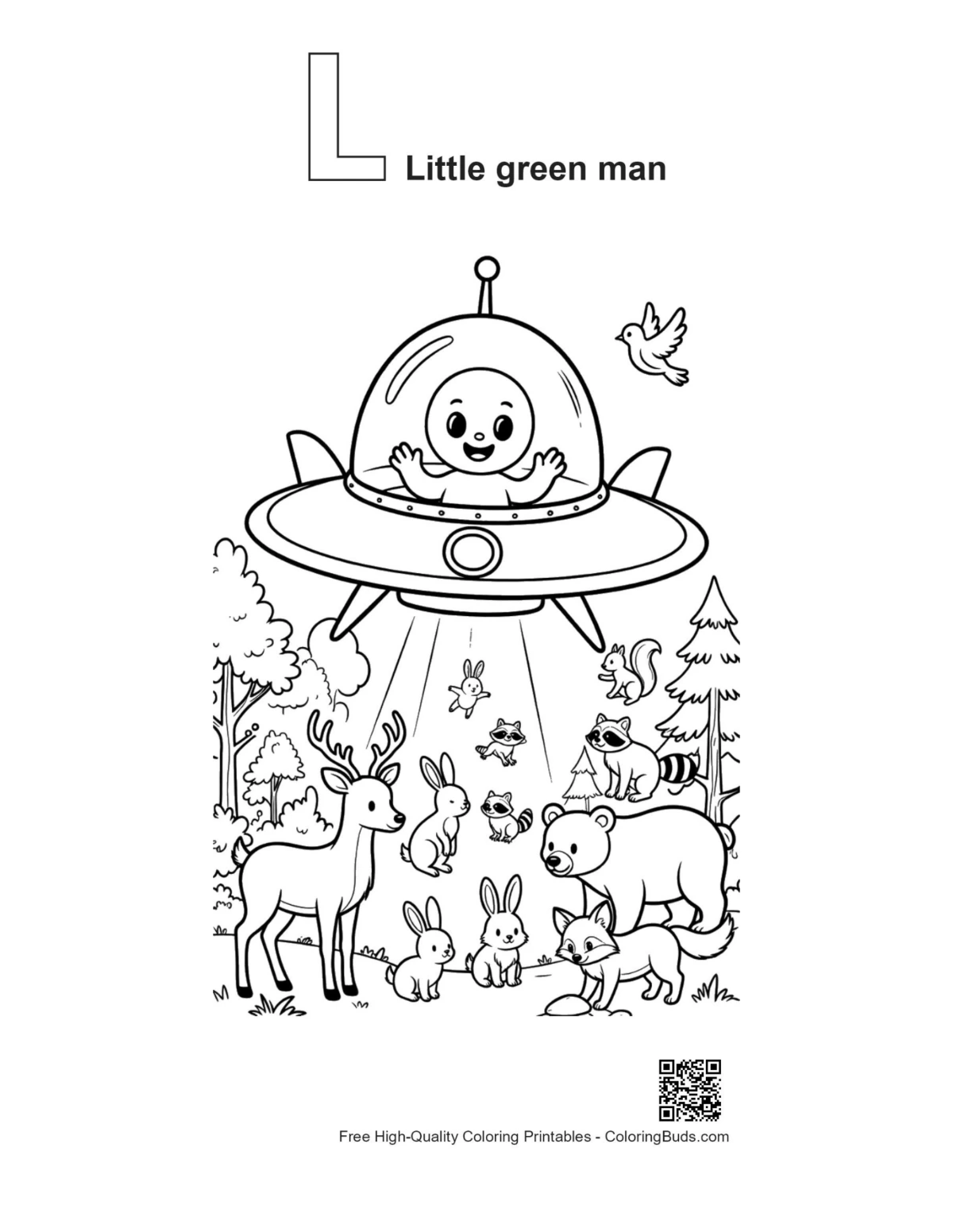 Outline alphabet L Little Green Man alien woods printable