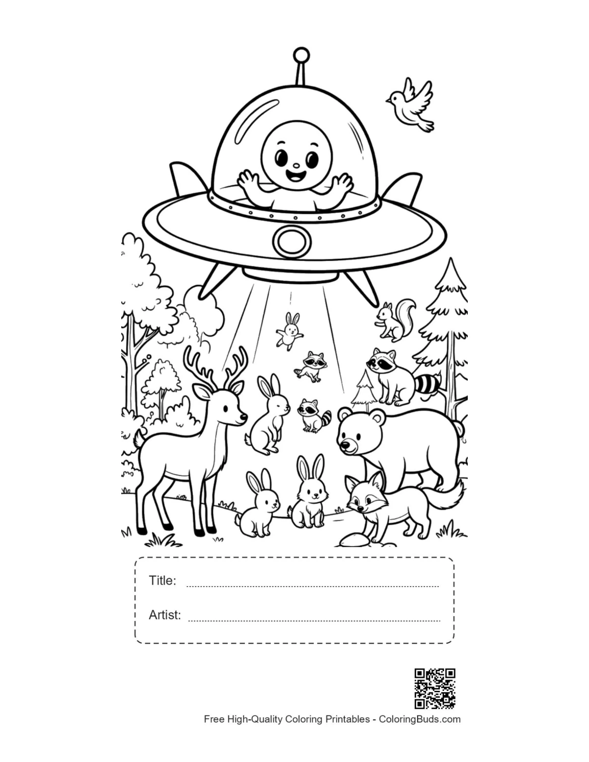 Sci-fi alien woods printable with title artist box