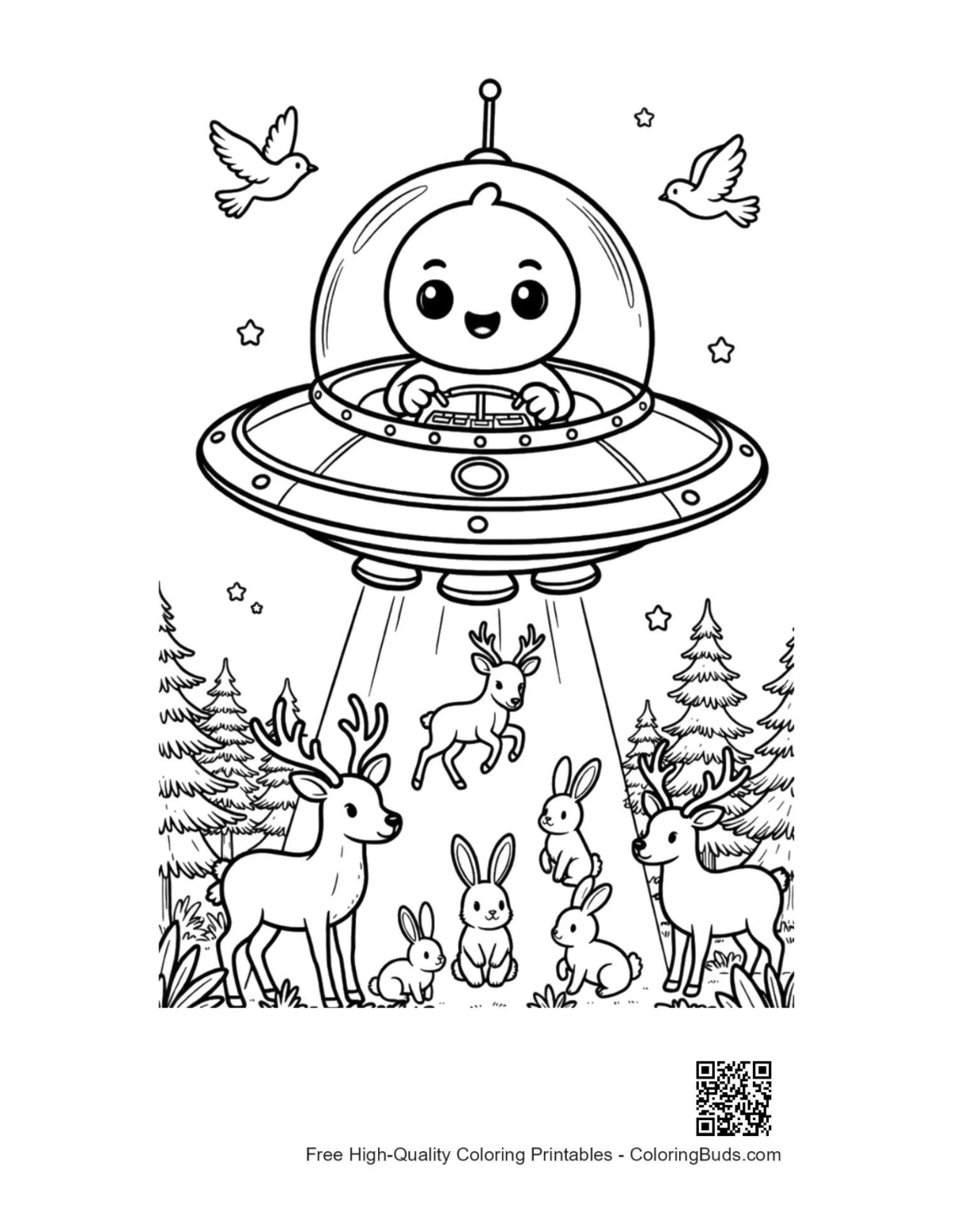 Sci-fi spaceship and forest deer coloring printable