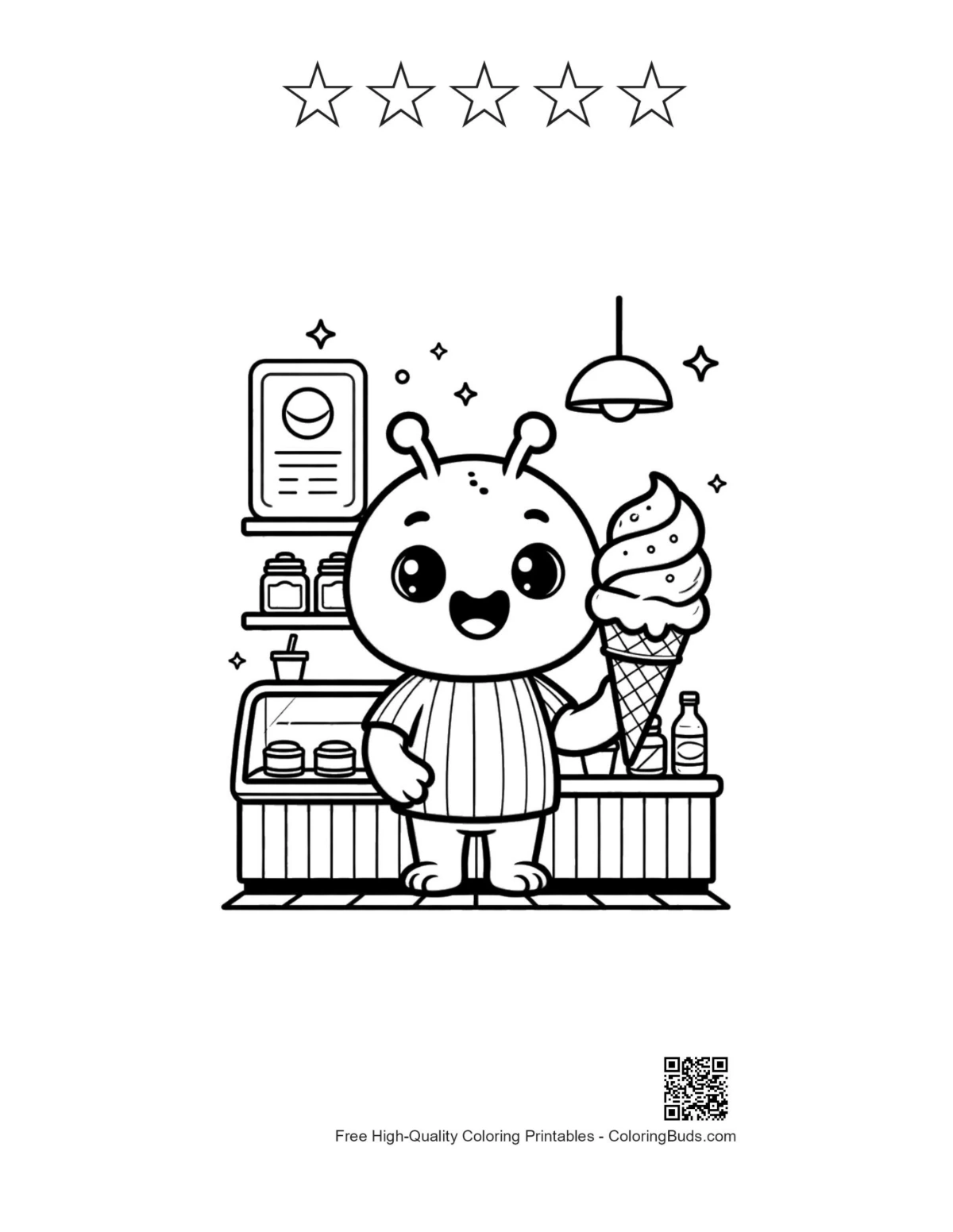 Dessert alien coloring with 5 star outlines