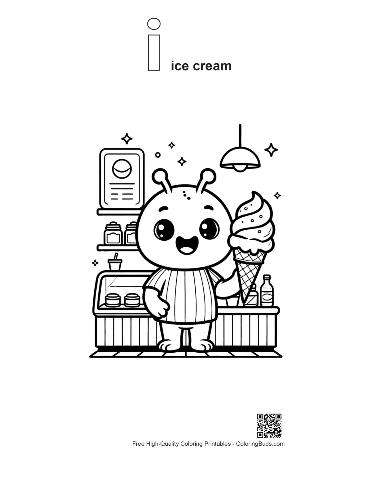 Alien ice cream outline with alphabet I printable