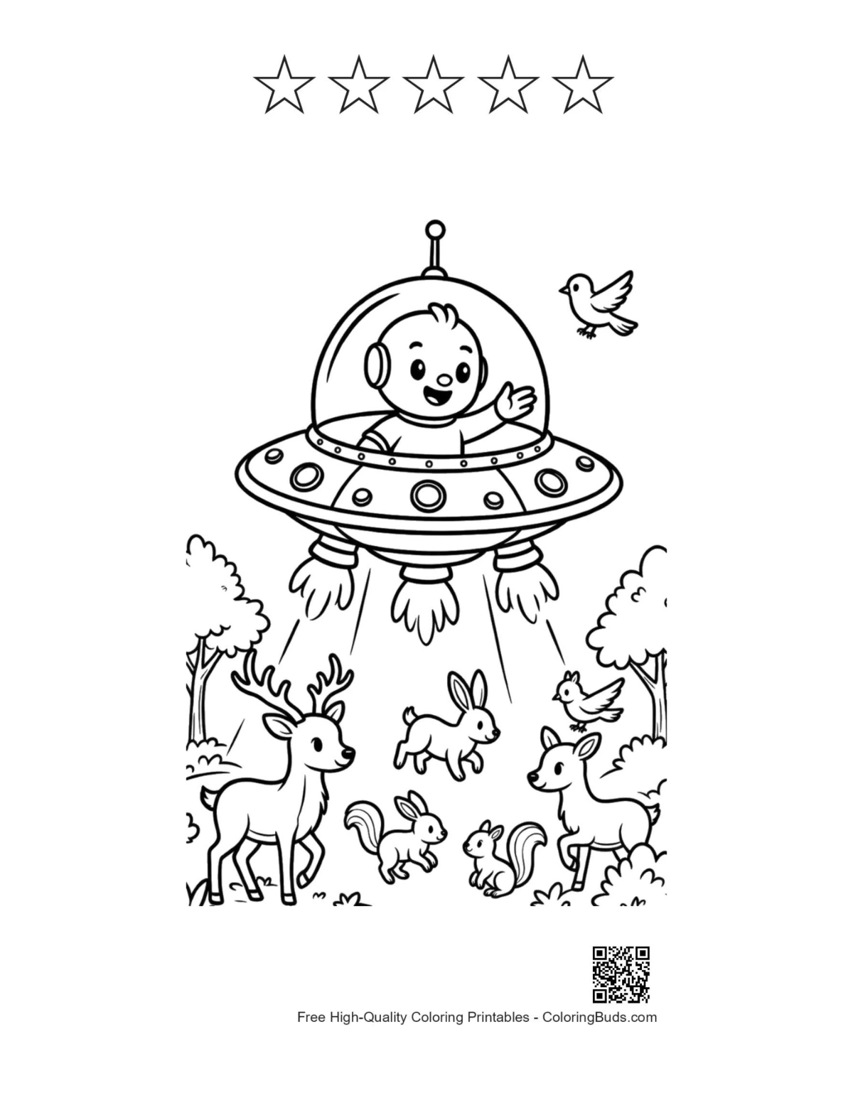 UFO beaming animals with 5 star outline printable