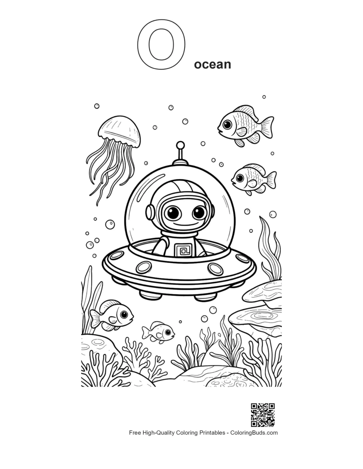 Alien sea life outline with ocean alphabet O printable