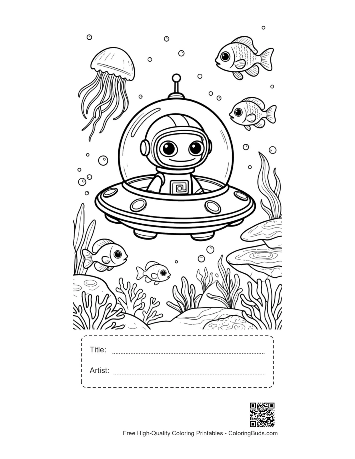 Printable alien sea life page with title artist box