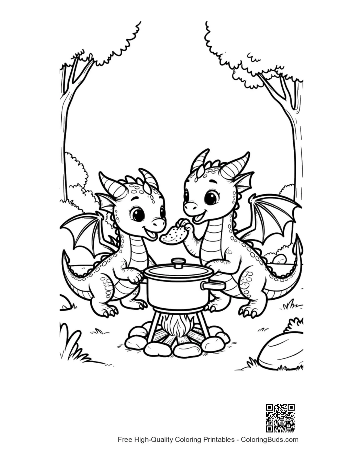 Adorable baby dragon duo preparing meal printable