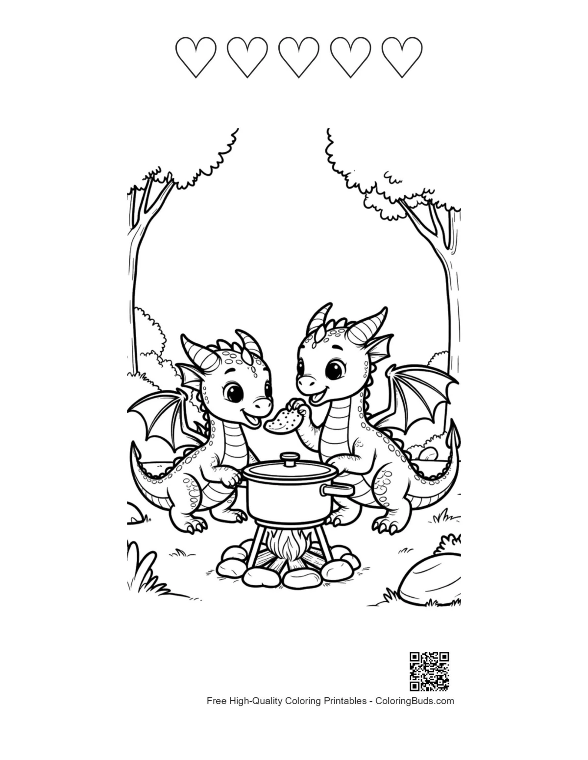 Baby Dragon coloring pages duo with heart outlines