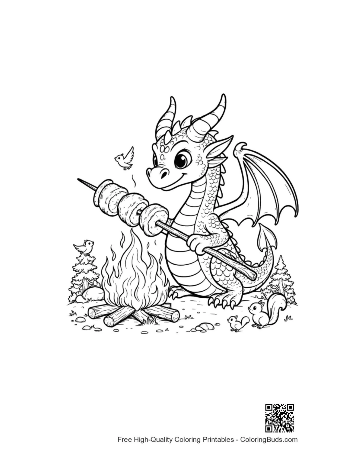 Cute fire dragon camping by bonfire coloring printable