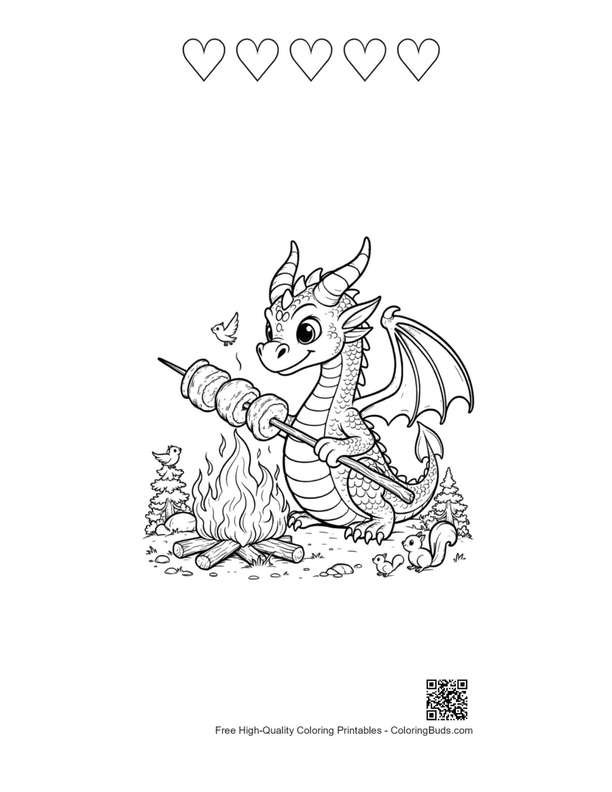 Fire dragon camping printable with 5 heart outlines