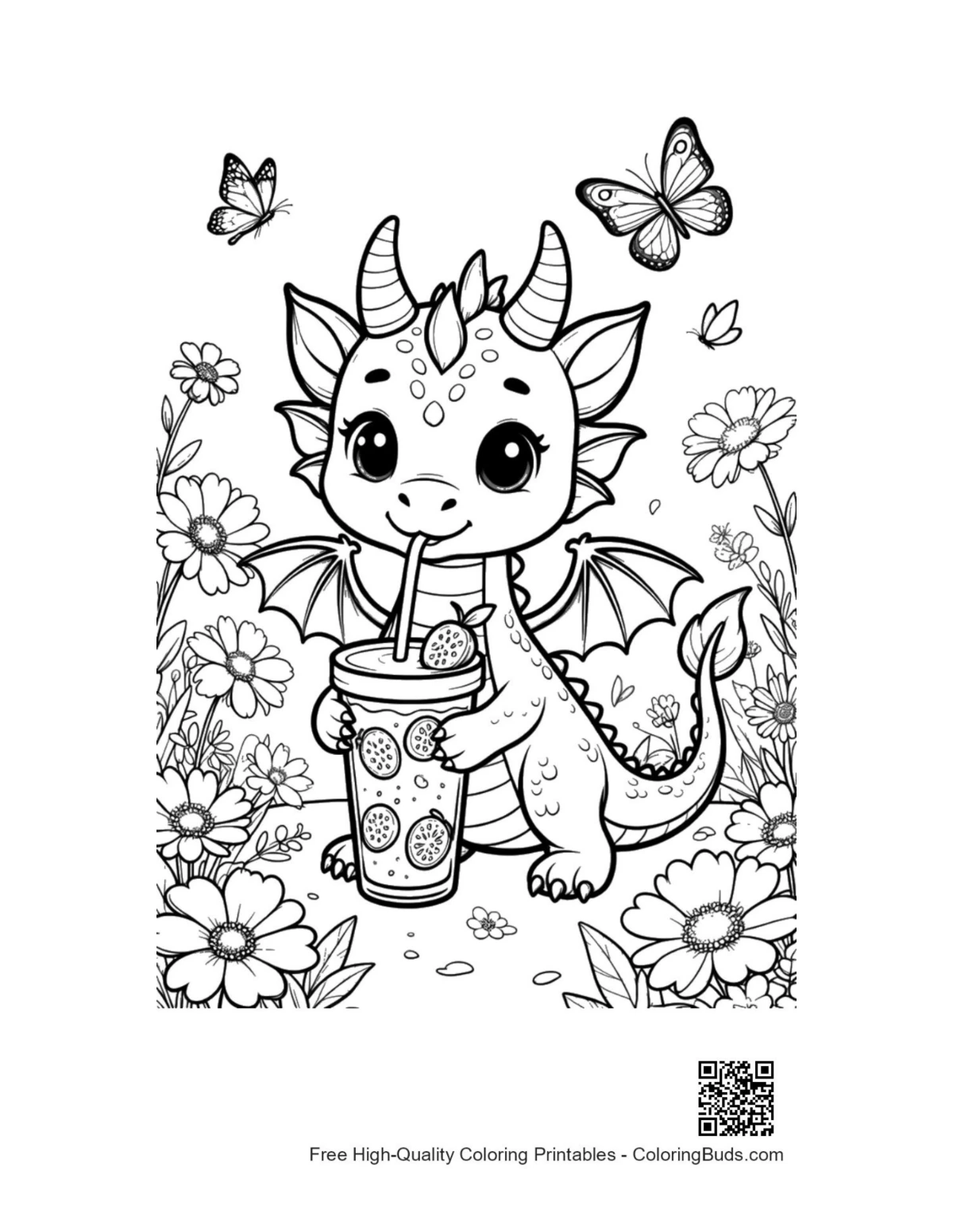 Cute fire dragon sipping summer drink coloring page