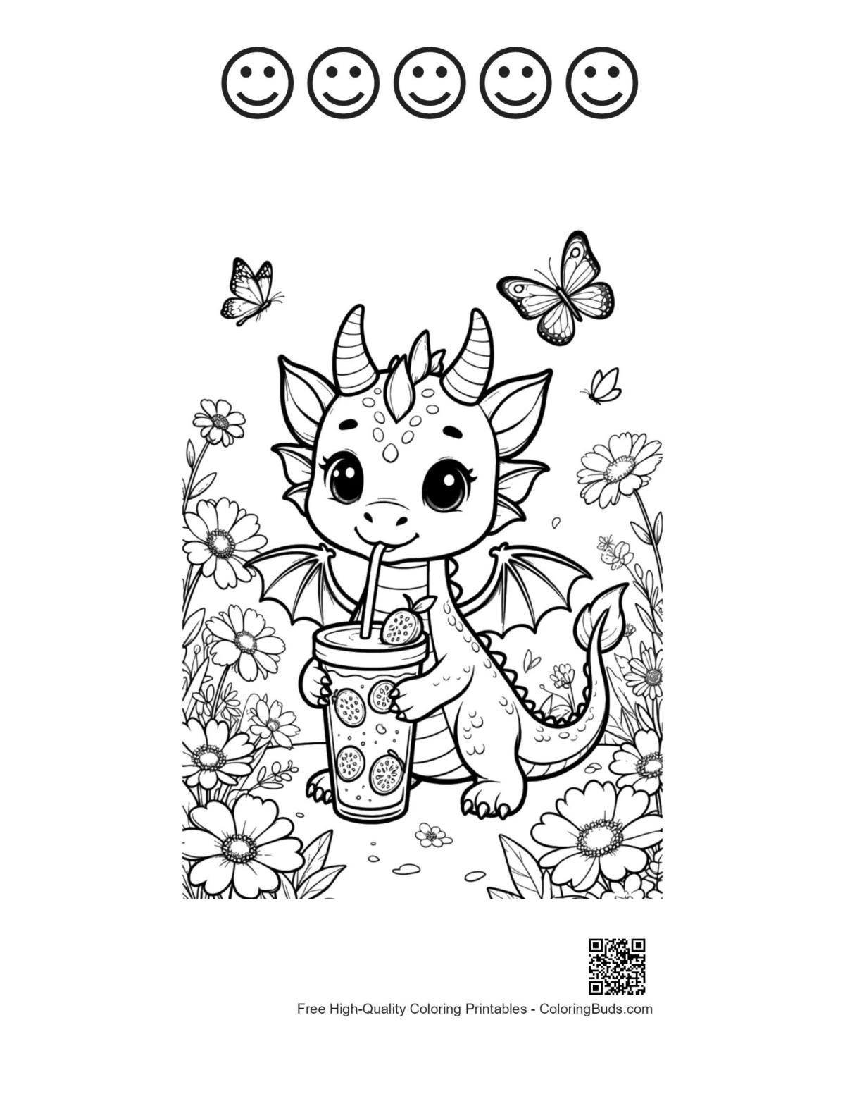 Cute dragon drink printable with 5 happy faces