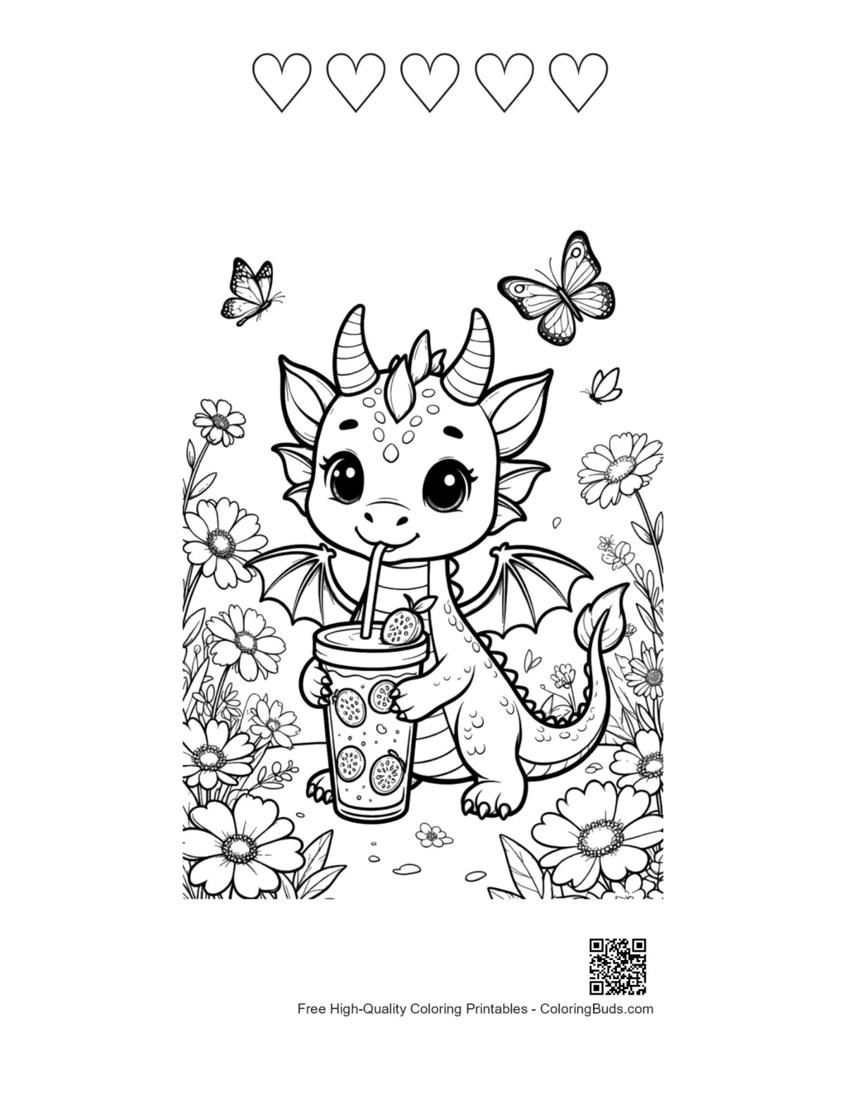 Fire dragon coloring page with 5 heart outlines