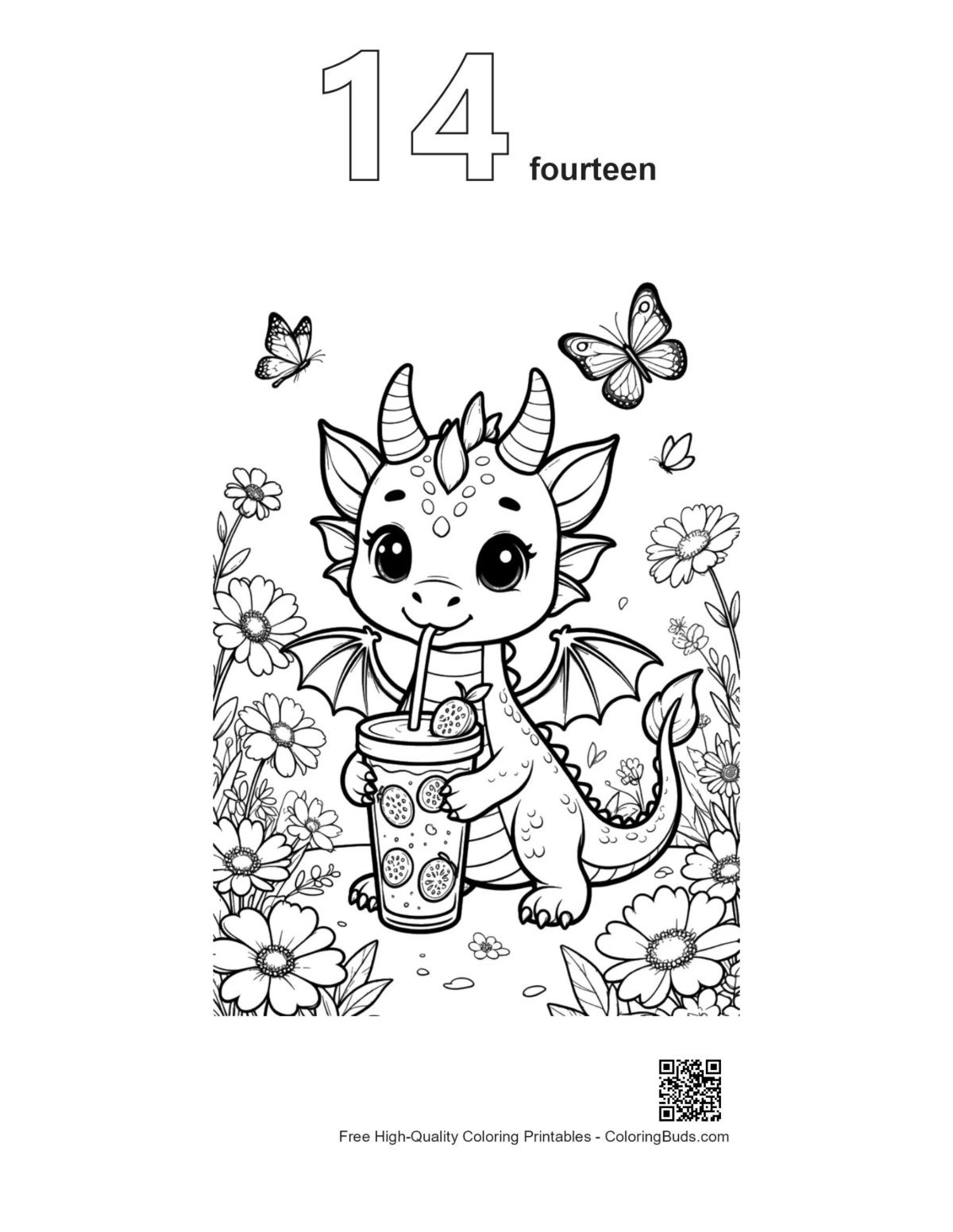 Outlined fire dragon with drink, number 14 coloring page
