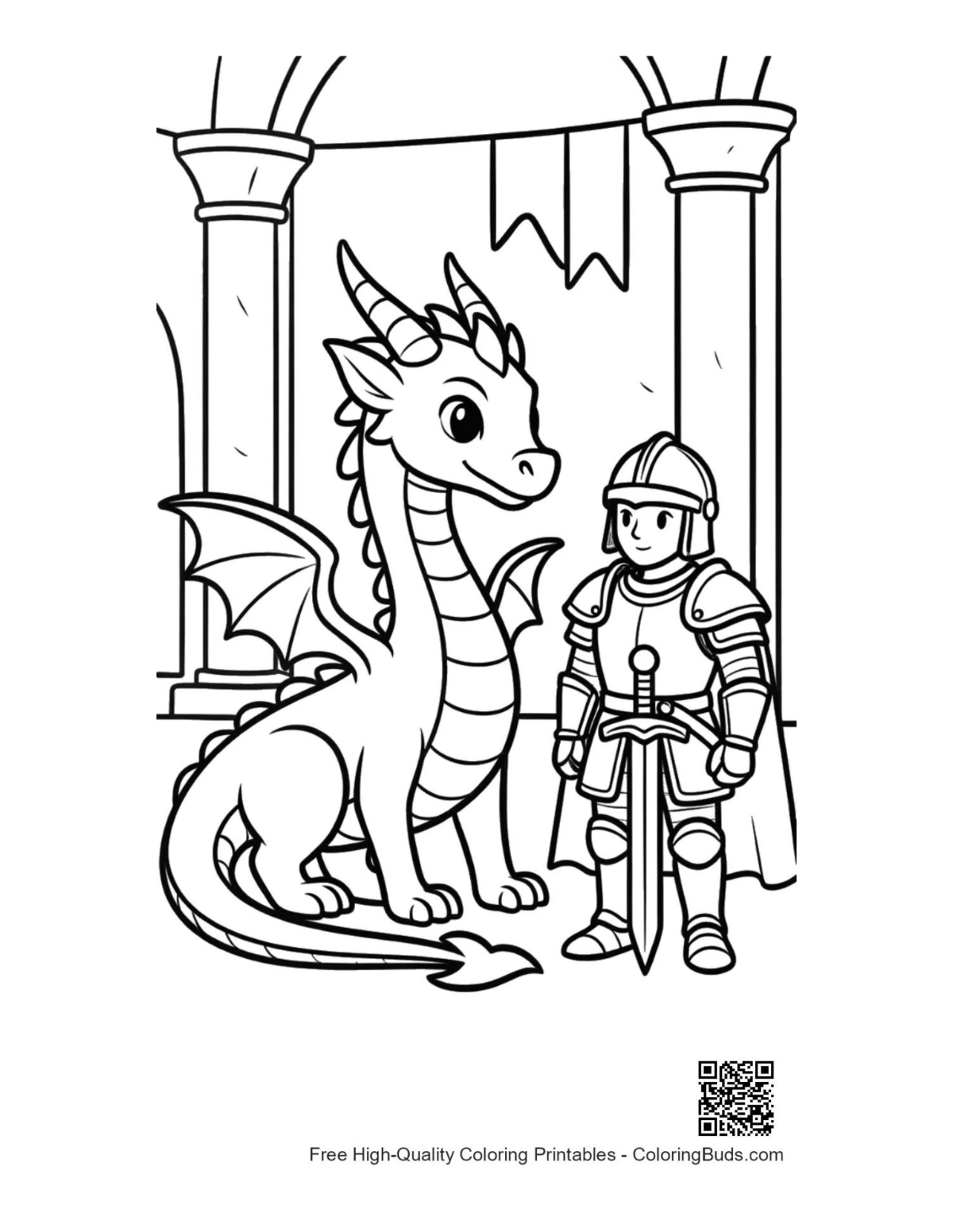 Baby fire dragon and tiny knight hero posing coloring page