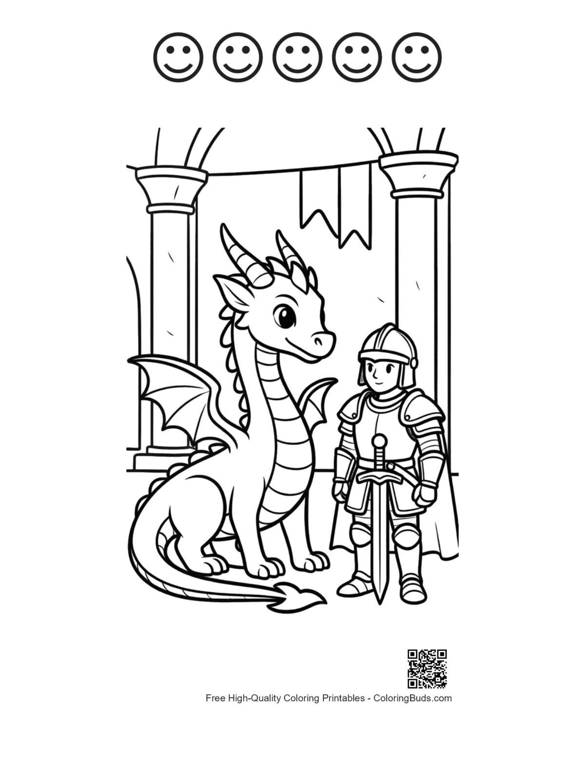 Dragon knight coloring page with 5 happy faces