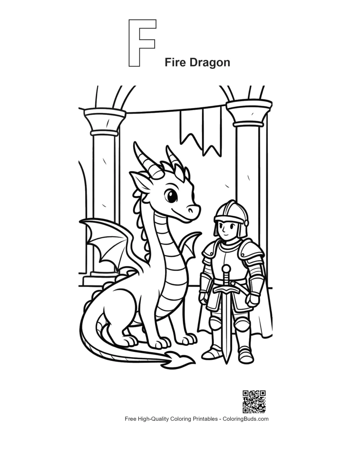 Fire dragon coloring page outline with alphabet F