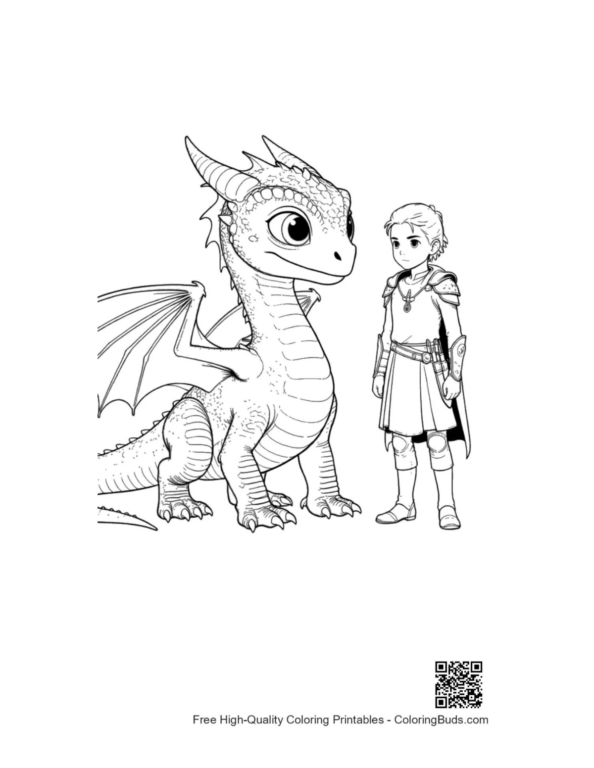 Baby dragon and young knight coloring page