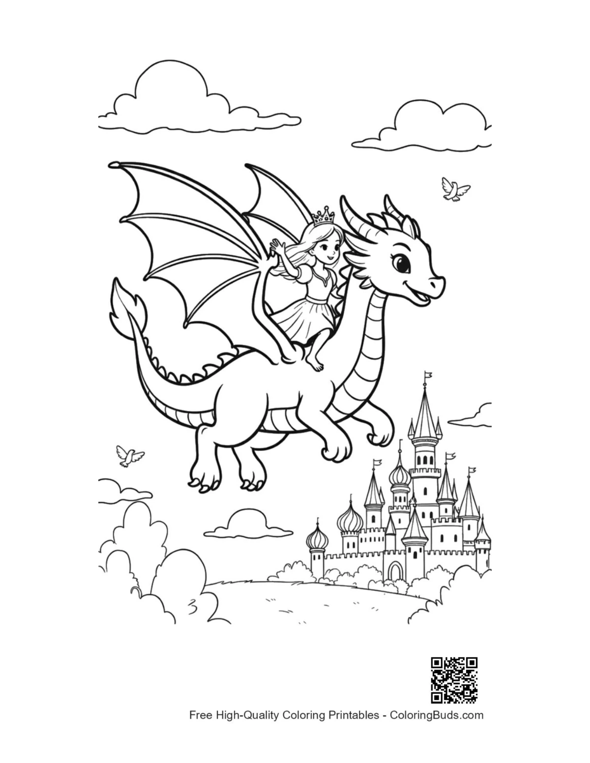 Baby fire dragon flying near fairytale castle