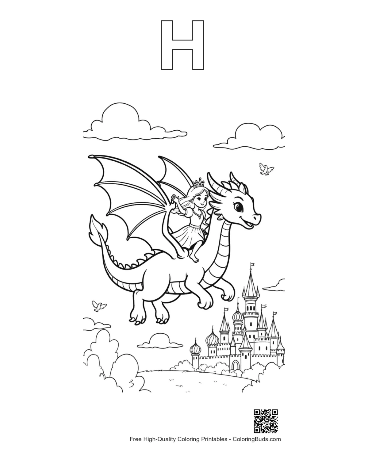 Dragon castle printable with letter H outline