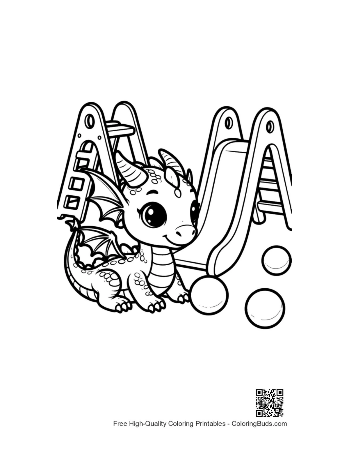 Baby dragon sliding on backyard slide coloring page