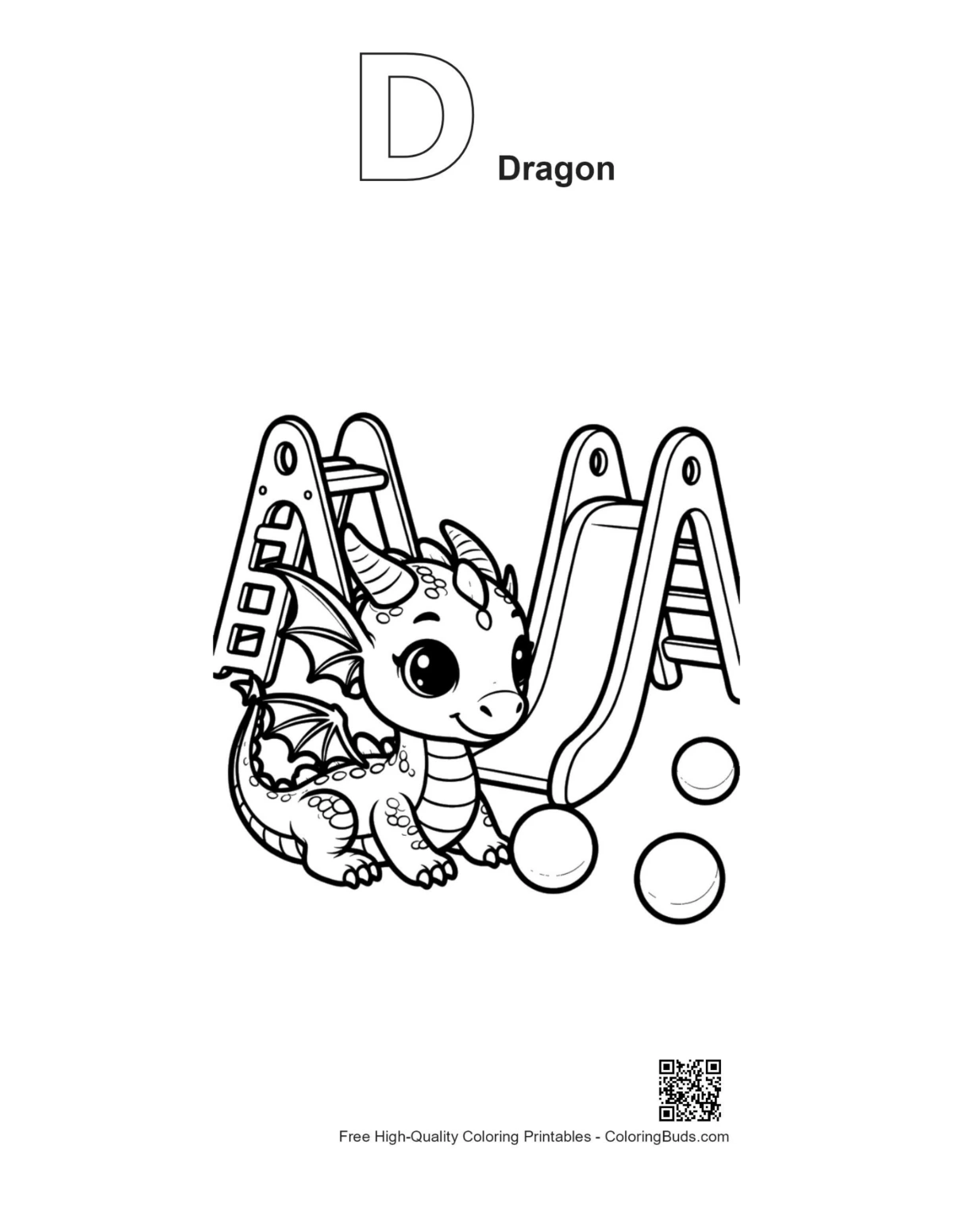 Baby dragon slide with alphabet D outline coloring