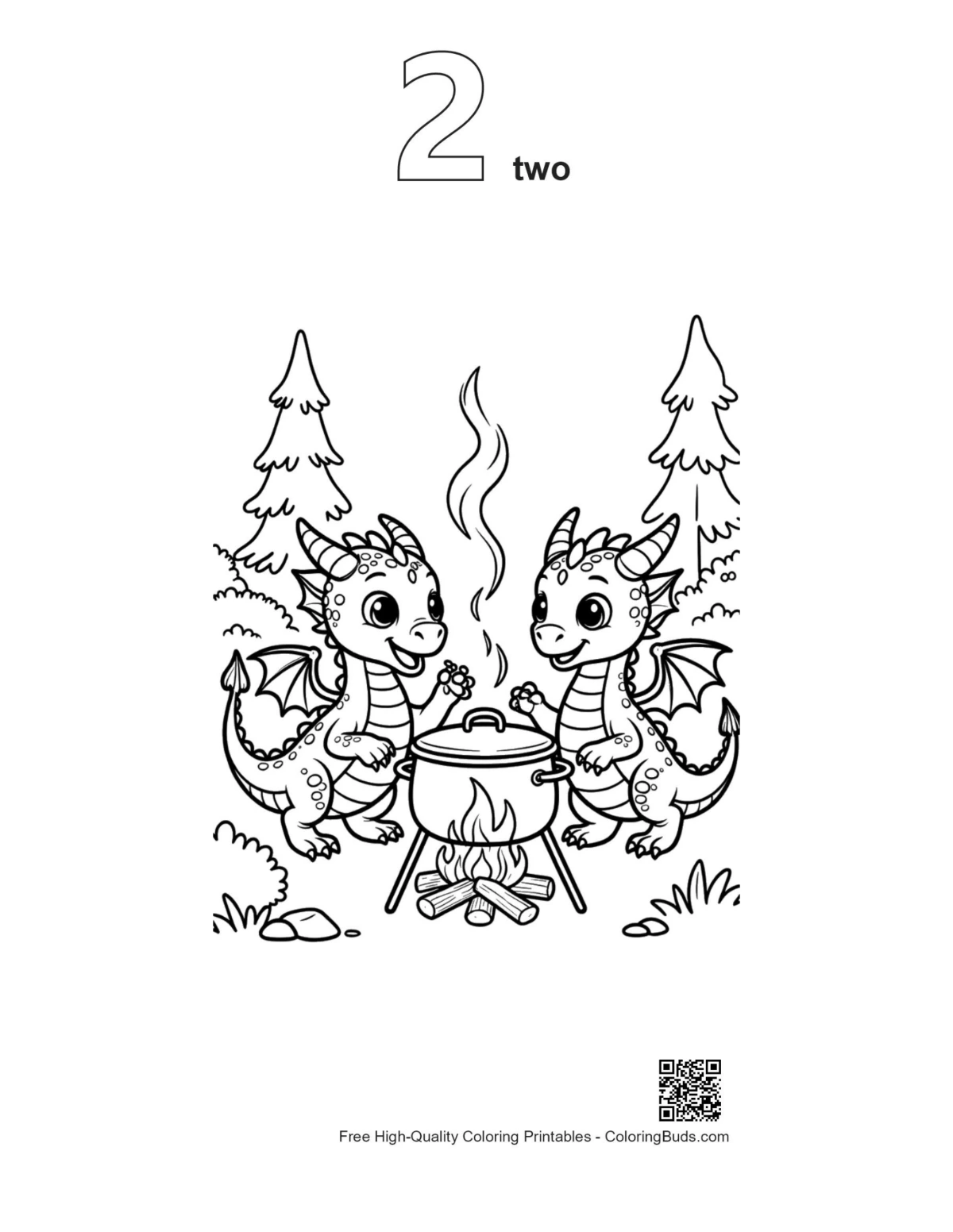 Baby dragon outline printable number 2 design