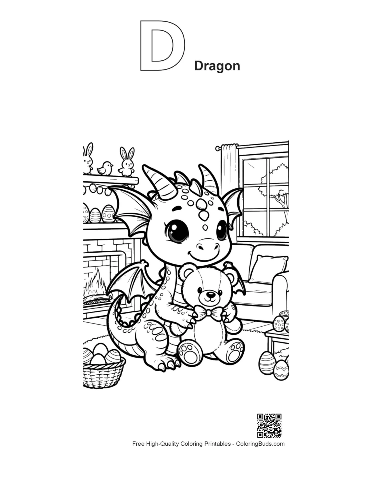 Baby Dragon outline with Alphabet D coloring printable