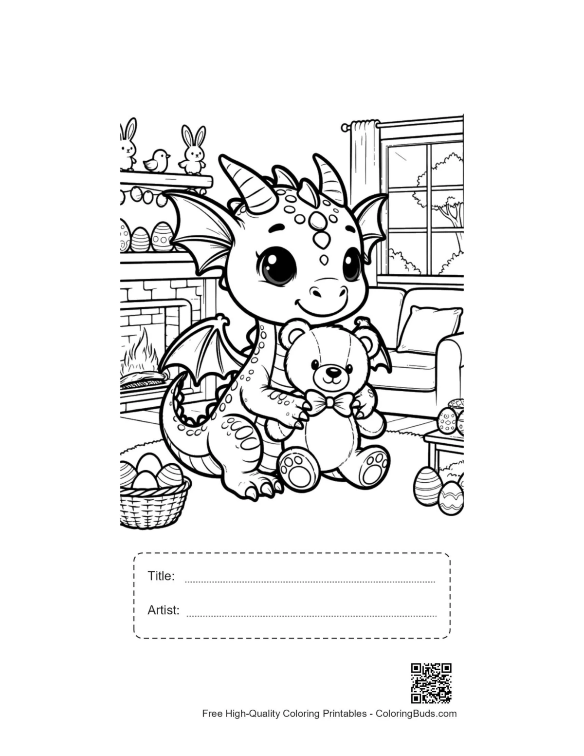 Baby Dragon printable coloring page with title box