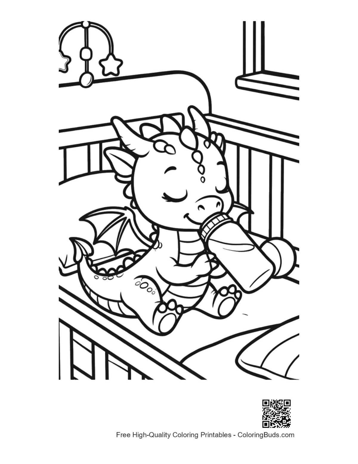 Baby dragon sleeping peacefully in crib coloring page