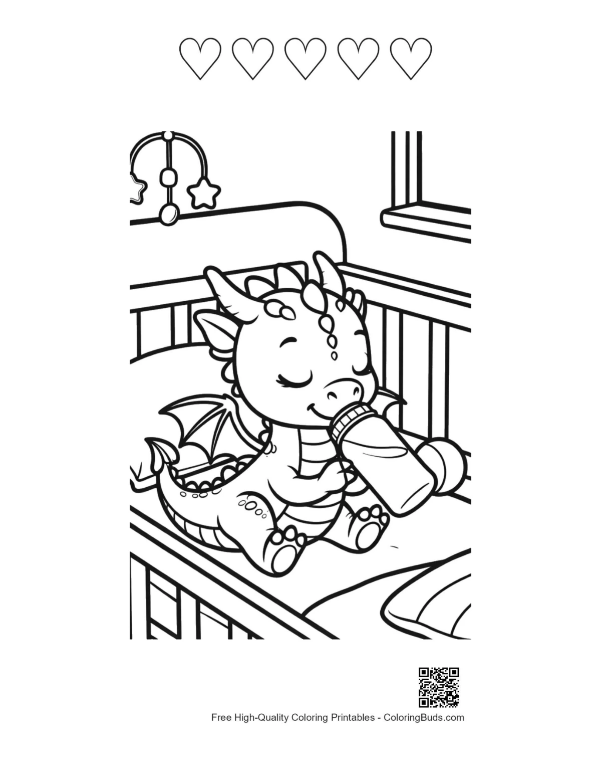 Baby dragon printable with heart outlines