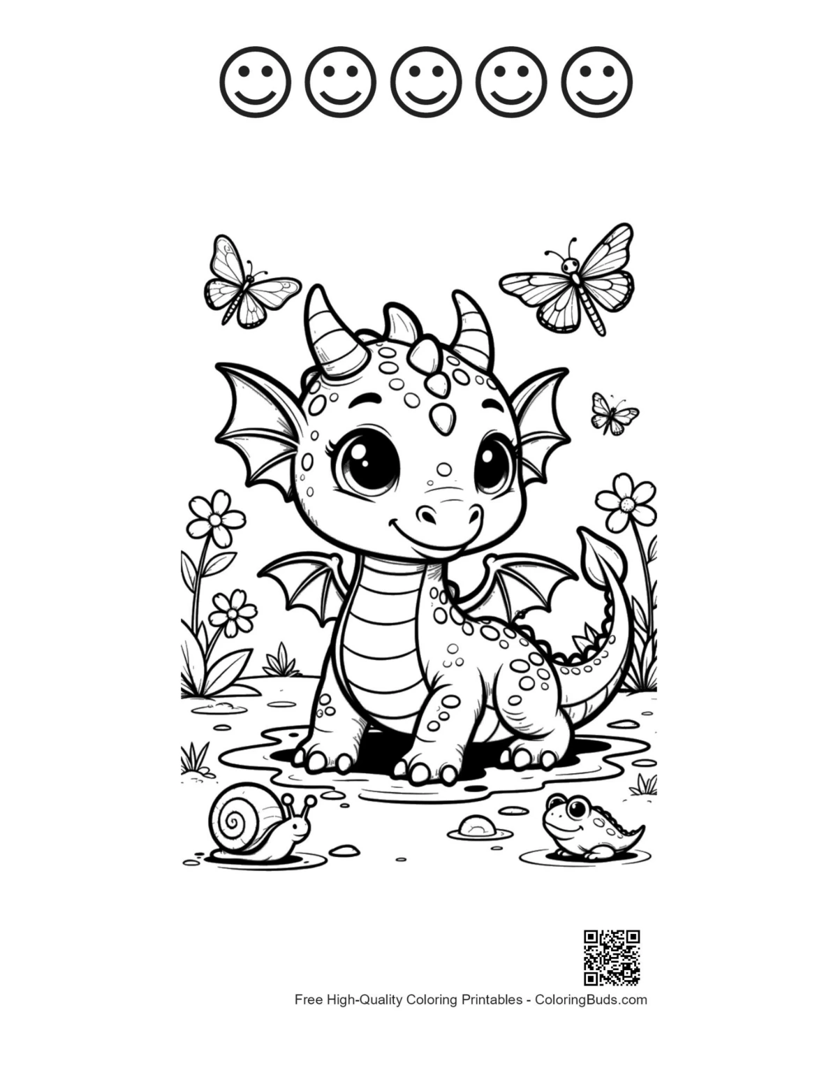 Smiling baby dragon and happy faces coloring