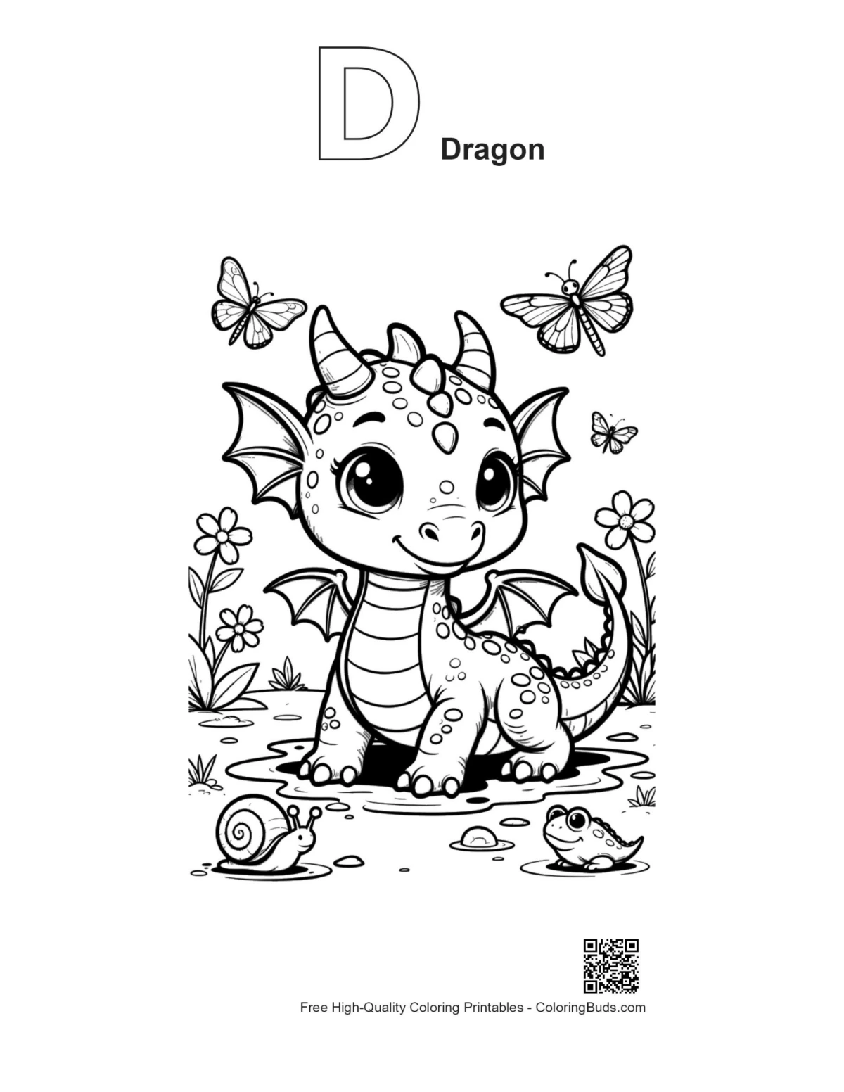 Outline alphabet D dragon baby smiling printable