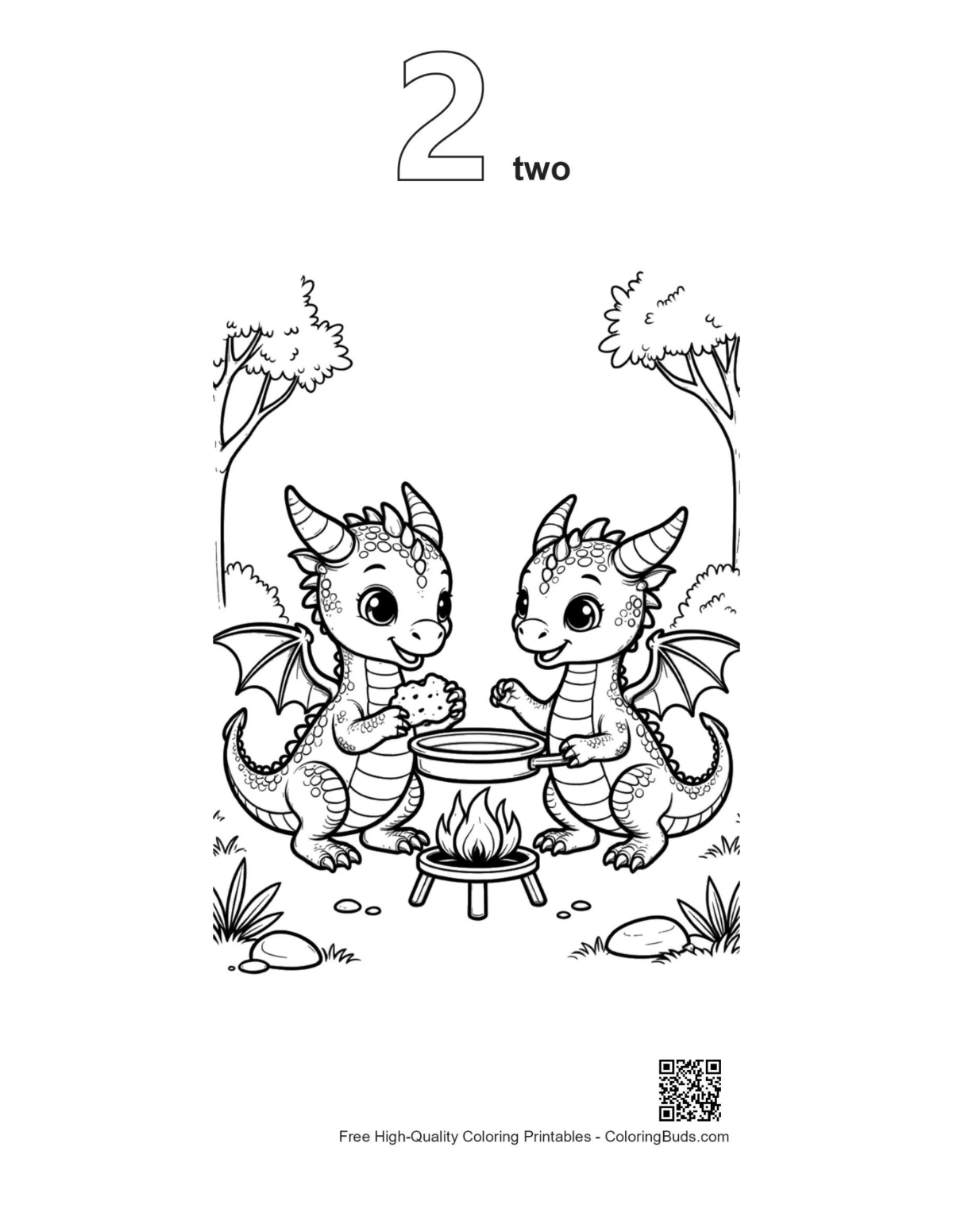 Baby dragon teamwork campfire outline number 2 printable