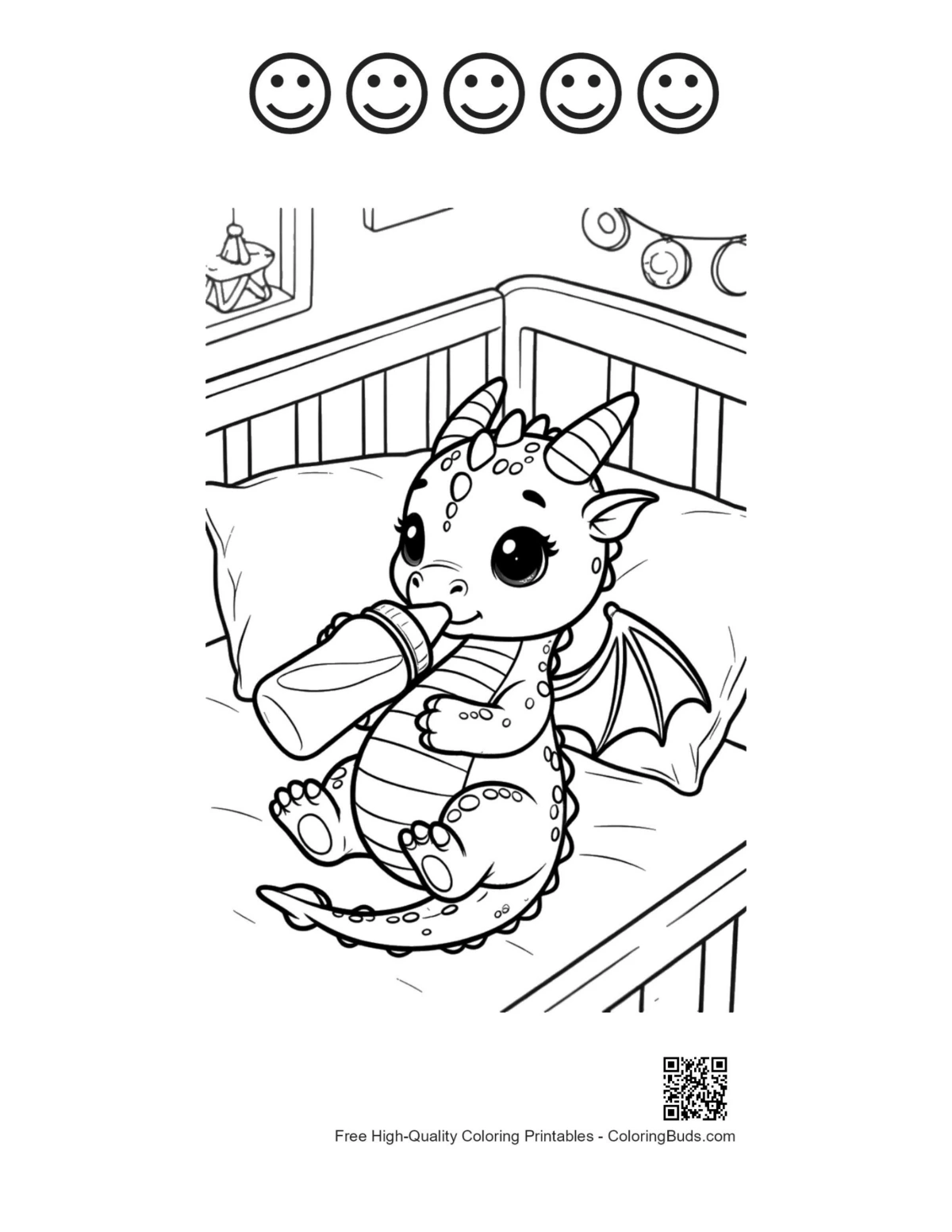Cute baby dragon page with 5 happy face outlines