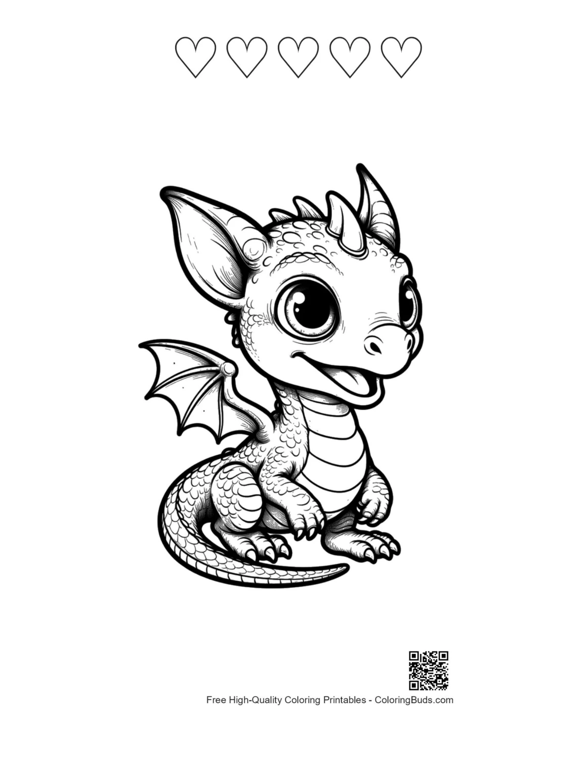 Heart-themed baby dragon coloring printable