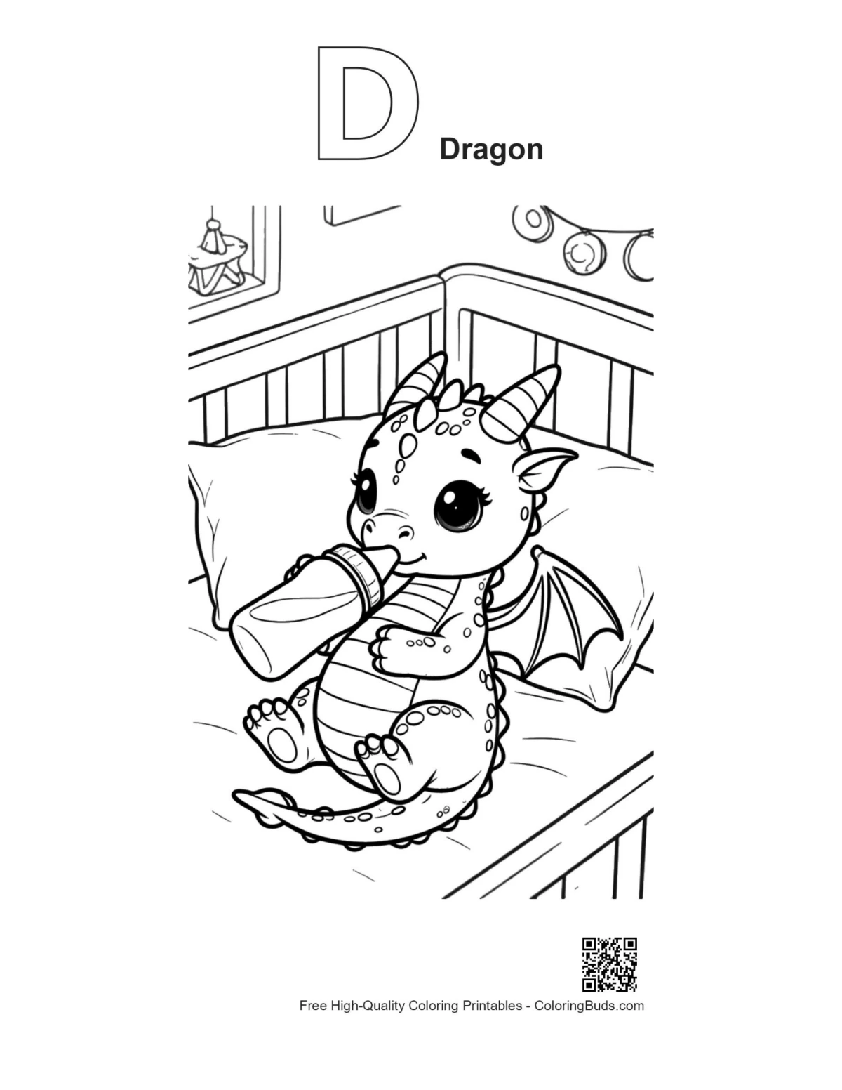 Baby dragon coloring page with alphabet D outline