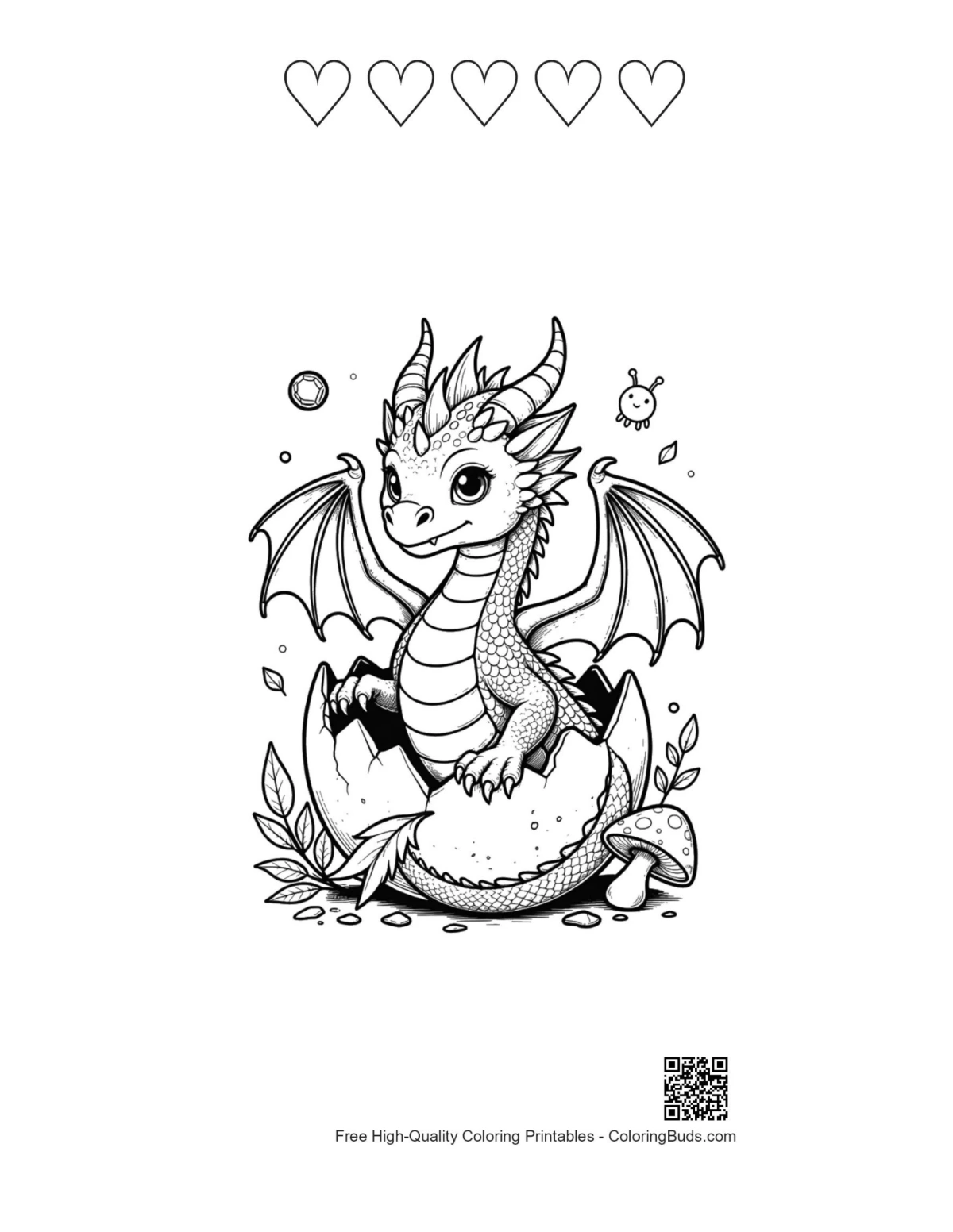 Baby dragon magic egg hatching with 5 hearts printable
